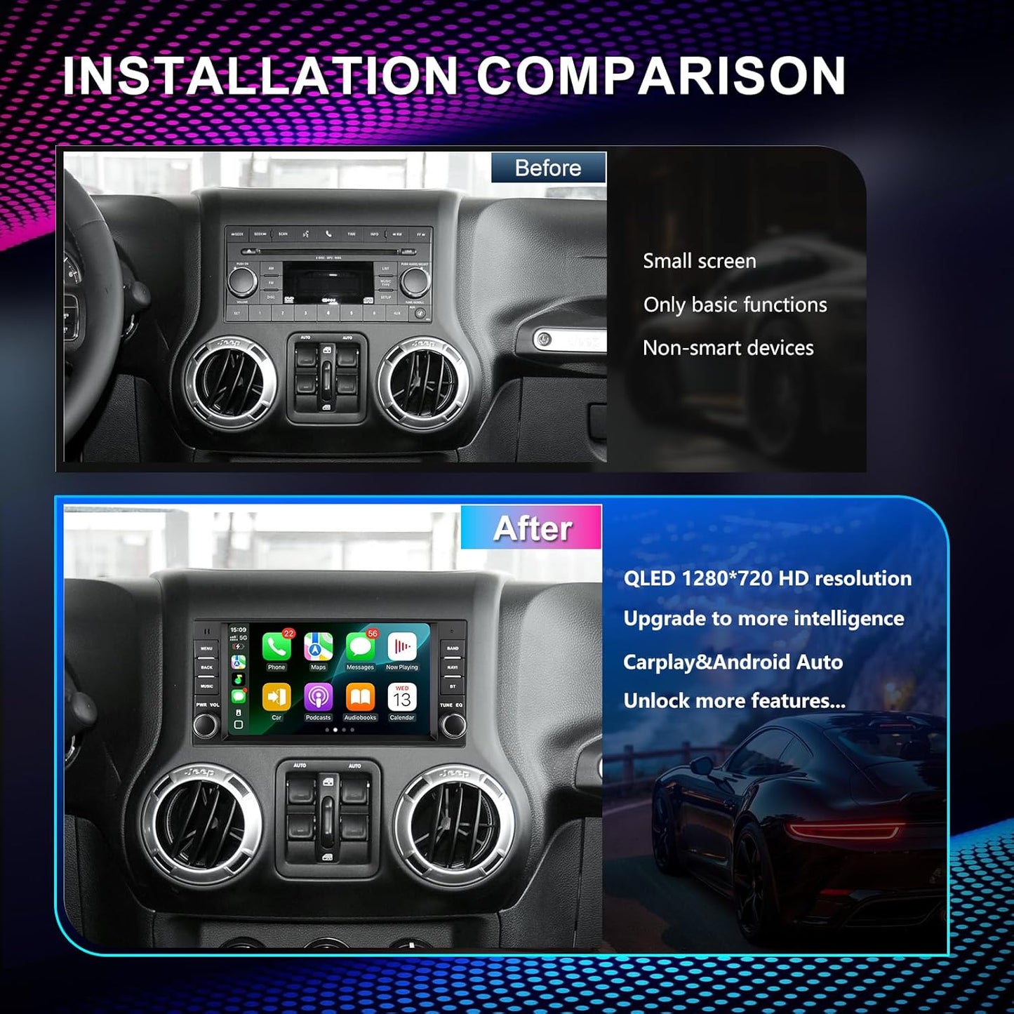 Car Radio for Wrangler JK 2007-2018 Dodge Ram 1500 2500 3500 2009-2012,7 Inch 2+64G Android 13 Touch Screen Head Unit with Wireless CarPlay & Android Auto,GPS Navigation,HD Backup Camera