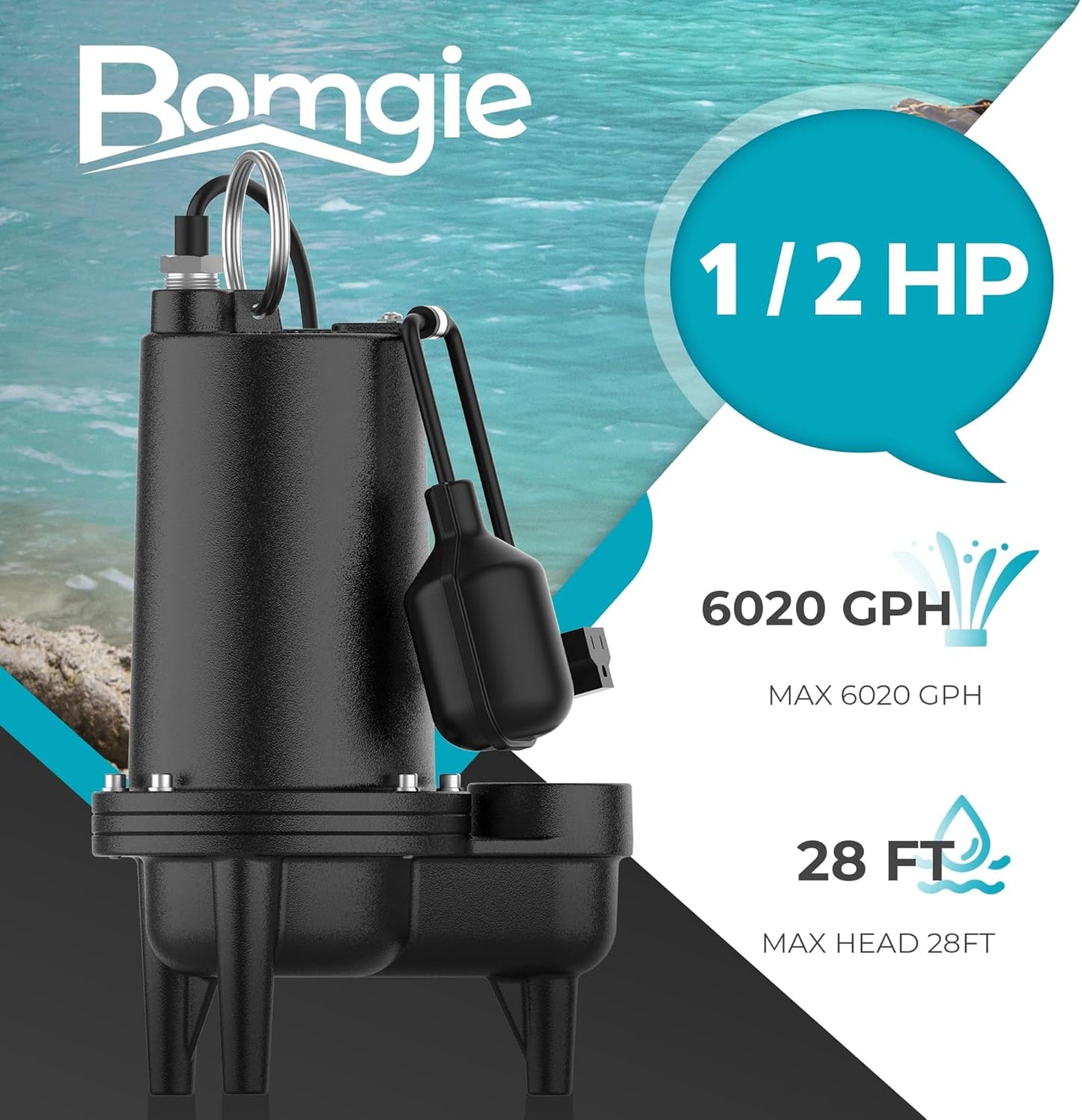 BOMGIE 1/2 HP Sewage/Effluent Grinder Pump, 6020 GPH Submersible Basement Sewer Pump with 10ft Auto Float Switch, Cast Iron Sump Ejector Pump,