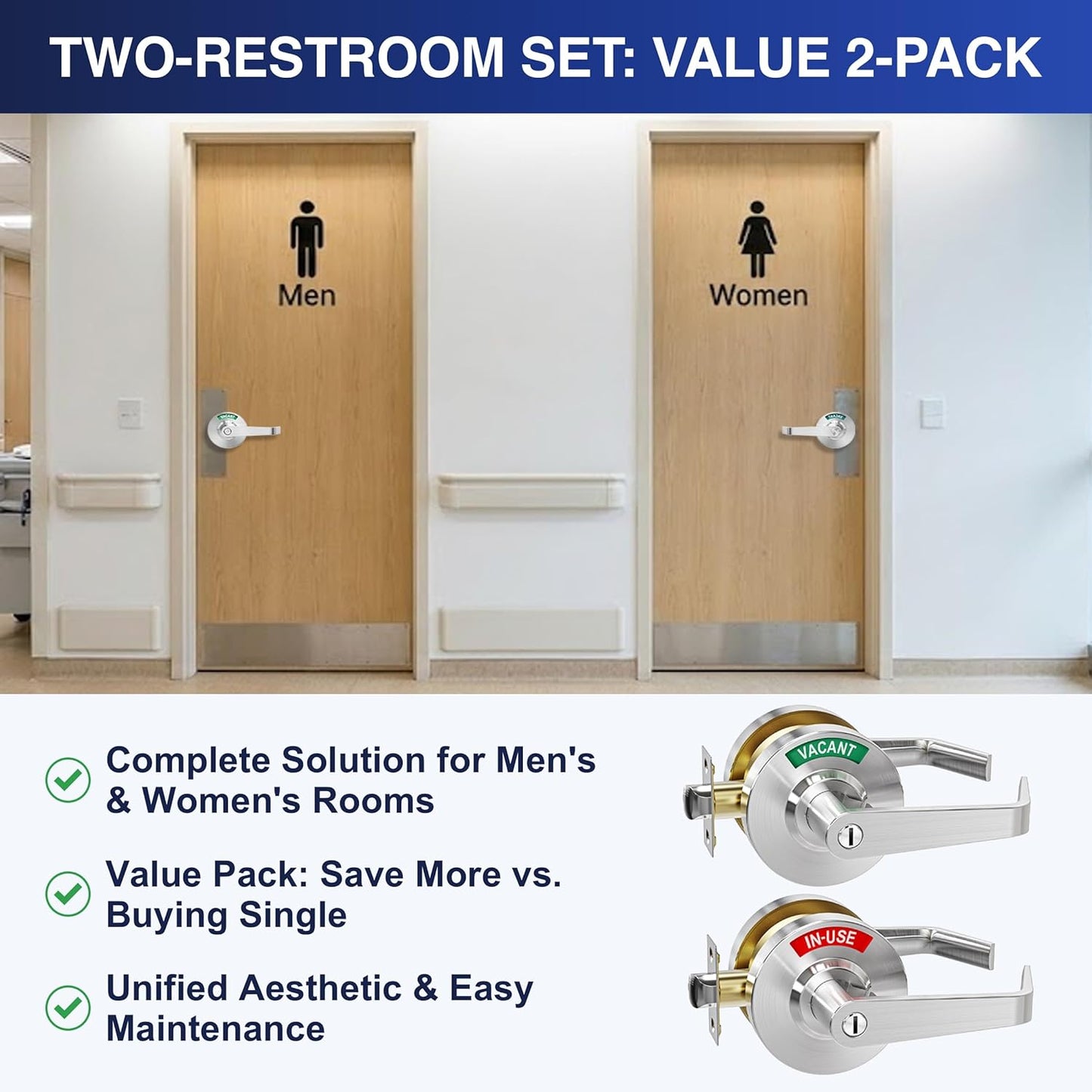 2Kits Large Commercial Door Handle for Restroom, Vacant Occupied Bathroom Lock, Privacy Occupied Door Handle for Public & Industrial Buildings|Office|Gym|Bars （Large 90mm）