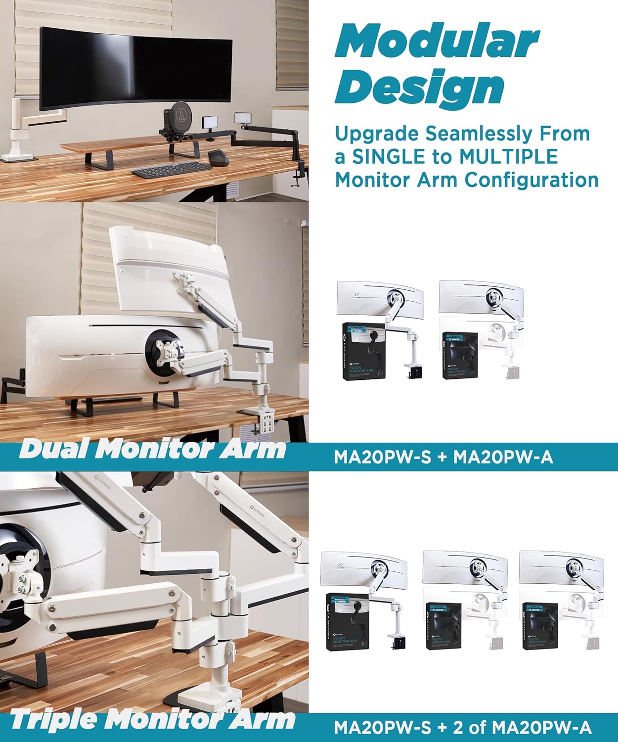 Heavy Duty Monitor Arm for Ultrawide Monitors up to 57'; and 44 lbs, Single Desk Stand, Pneumatic Height Adjustable, Modular Extension Arms - Max