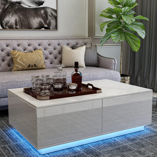 DMAITH LED Coffee Table, White Modern High Gloss Coffee Table, Large Sofa Table with 4 Drawers and 16 Colors LED Lights for Living Room, Home and