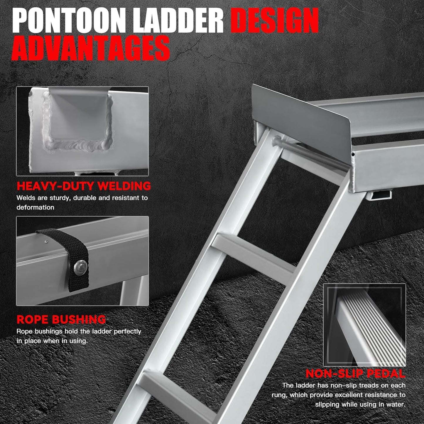 Aluminum Pontoon Boat Ladder 4 Steps,Undermount Pontoon Ladder 300Lbs with Nonslip Design, Heavy Duty Self St