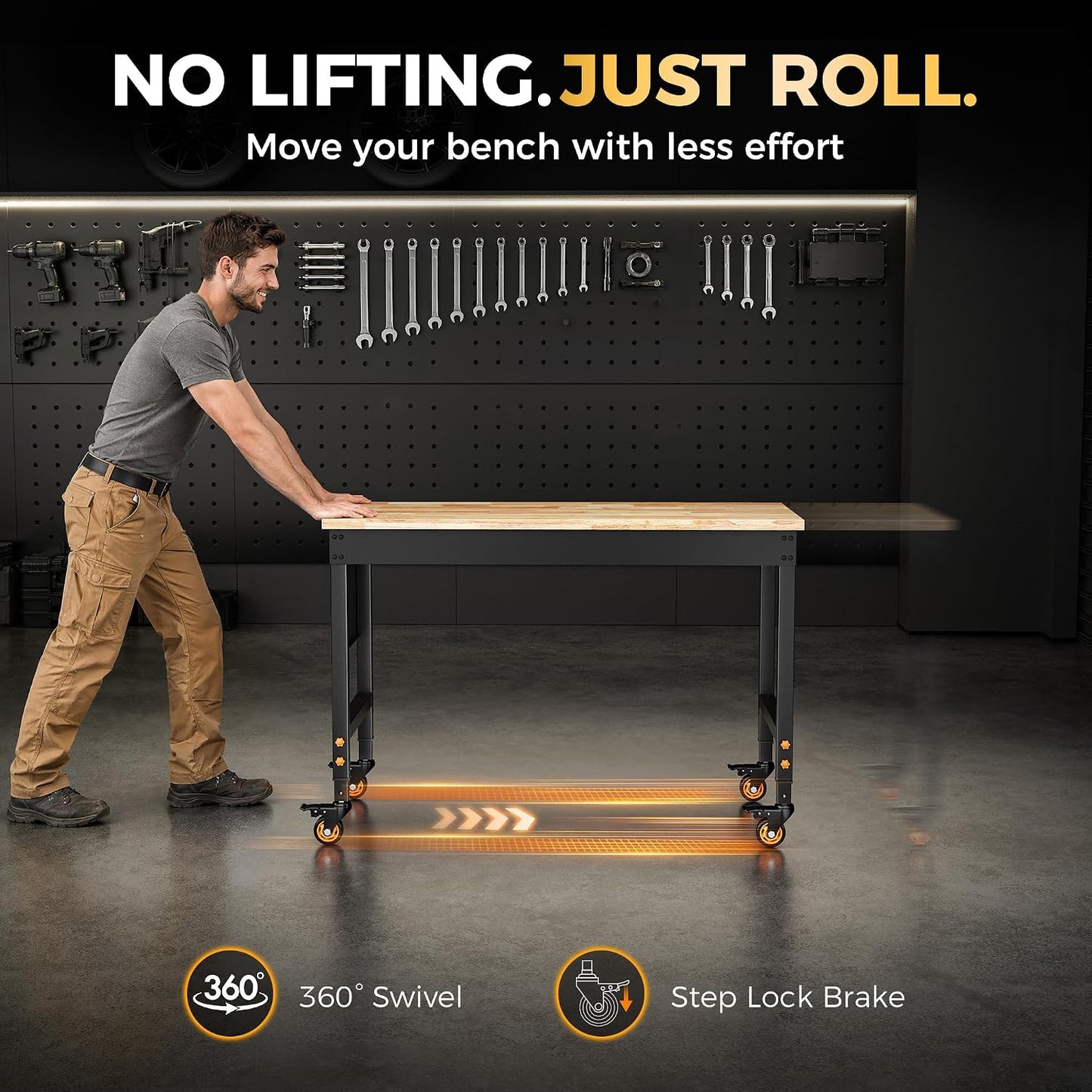 CAMMOO 48" Garage Work Bench with Wheels, Pegboard & Power Outlet 48*24 Inch