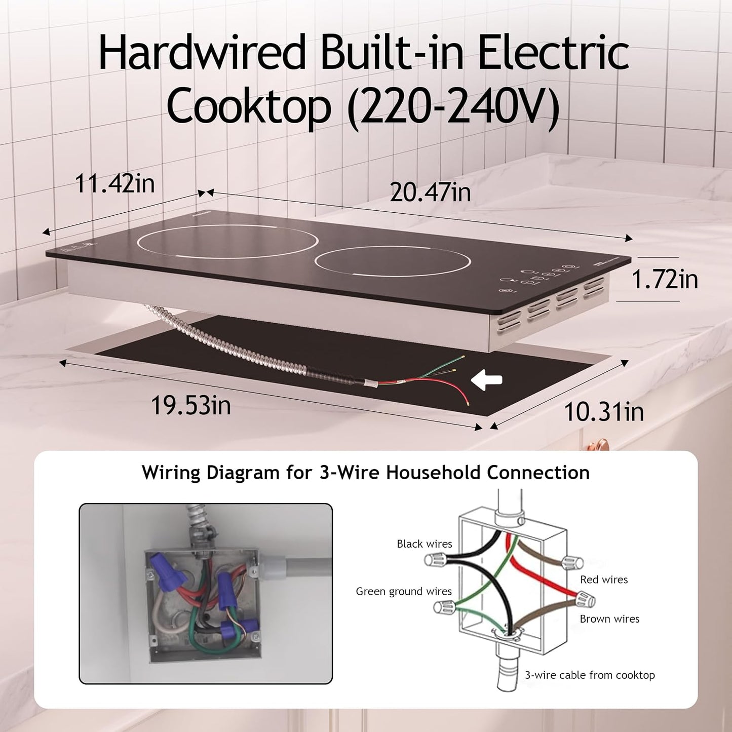 FIREGAS 12 Inch Electric Cooktop 2 Burners,220V-240V Hardwired Built-in Electric Stove Top with Matte Black Glass,3000W Sensor Touch Control,9 Power Levels,Timer & Child Lock for Apartments,ADUs