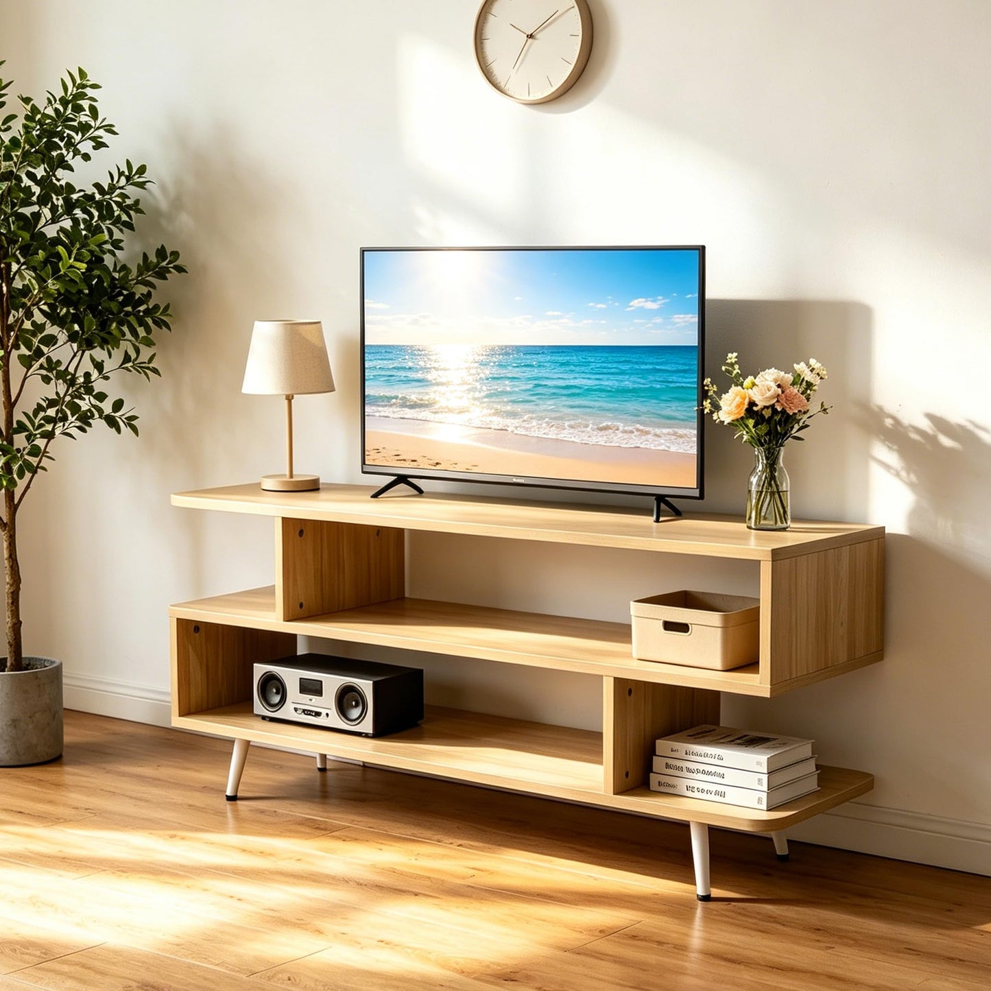 TV Stand for TVs up to 45 Inches, Modern Entertainment Center with Three-Tier Open Storage Shelves for Media TV Console Table, Living Room, Bedroom, Family Room, Easy Assembly-Walnut