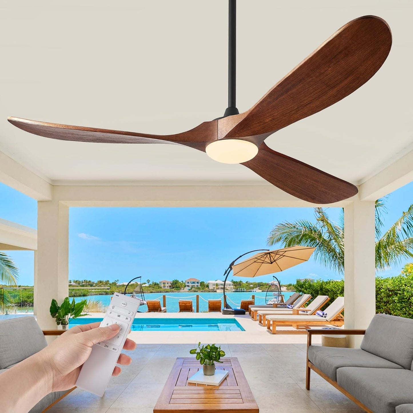 Ceiling Fans with Lights, 60 Inch Solid Wood Propeller Ceiling Fans with Lights and Remote Control Outdoor Ceiling Fan for Patios Indoor Living Room