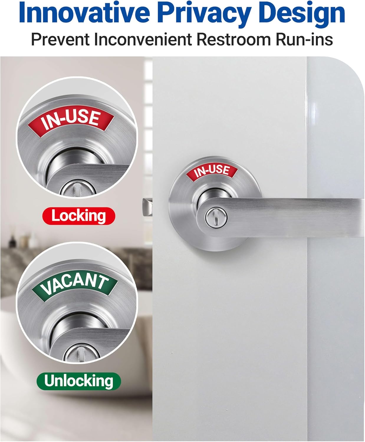 Bathroom Privacy Lever Door Lock (2 Pack), Vacant Occupied Bathroom Lock with Large In-Use or Vacant Indicator, Bathroom Door Knob, ANSI Grade2 Commercial Grade, Occupied Sign for Bathroom Door