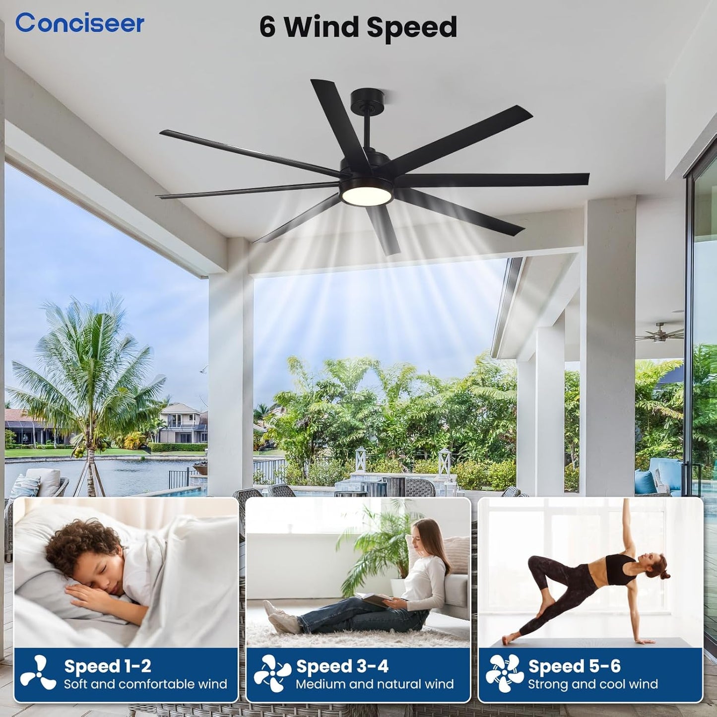 Modern Ceiling Fans with Lights, 72 Inch Ceiling Fans with Remote for Bedroom Living Room Kitchen, 8 Blades 6 Speed Reversible Quiet DC Motor Black