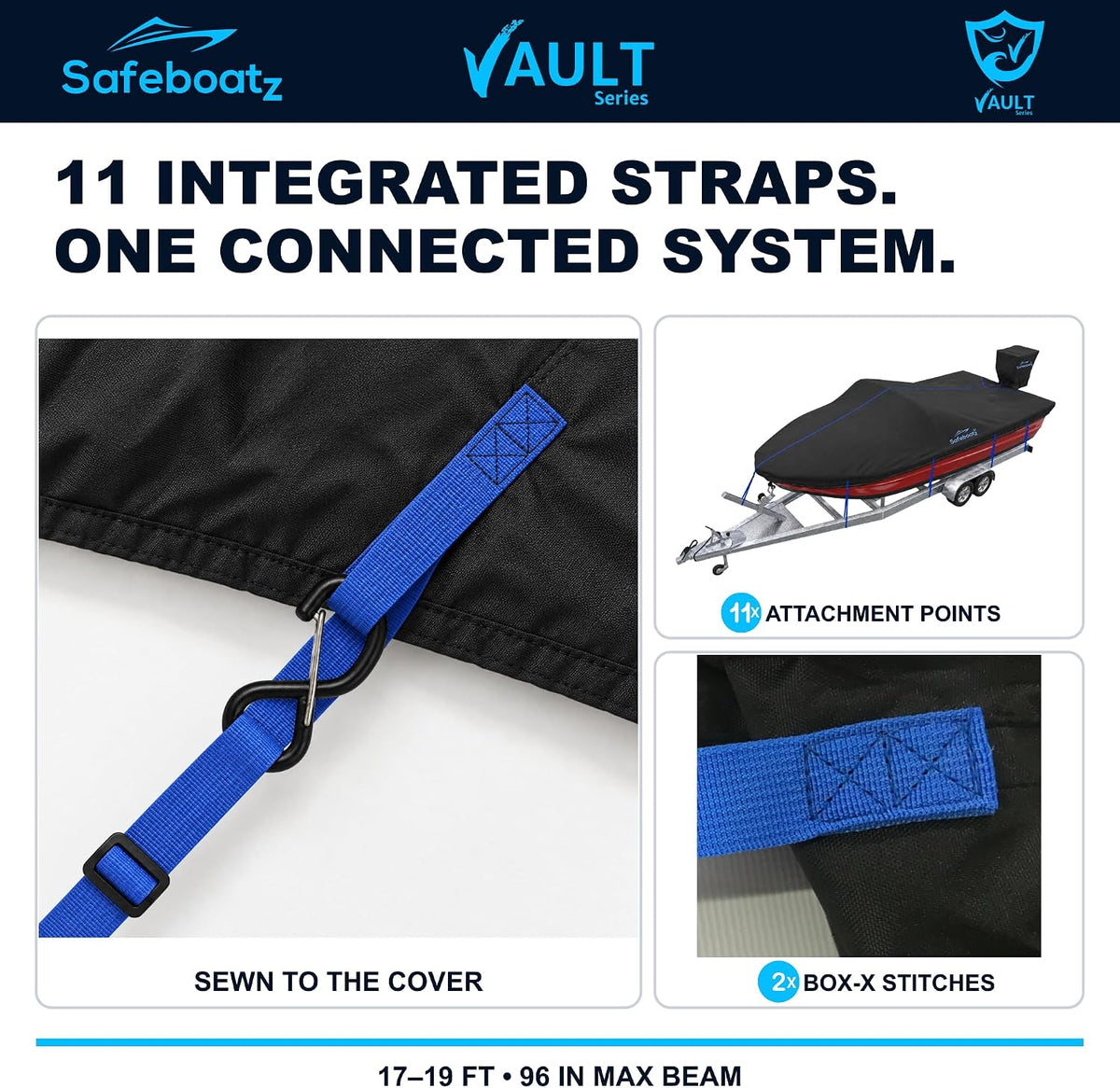 Boat Covers 17-19ft, Safeboatz Vault Series, 11-Point Metal S-Hooks, 96"
