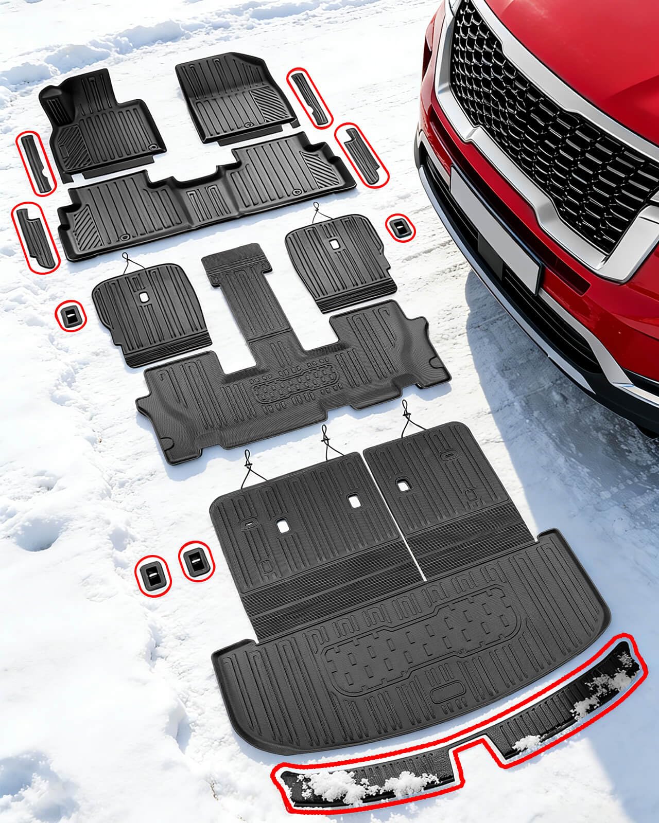 Floor Mats & Backrest & Cargo Liner for Kia Telluride 2020-2025（7&8 Seats,Full Coverage Car Liner Set, All Weather Protector Heavy Duty TPE Automotive Interior Accessories 2024 2023 2022 2021