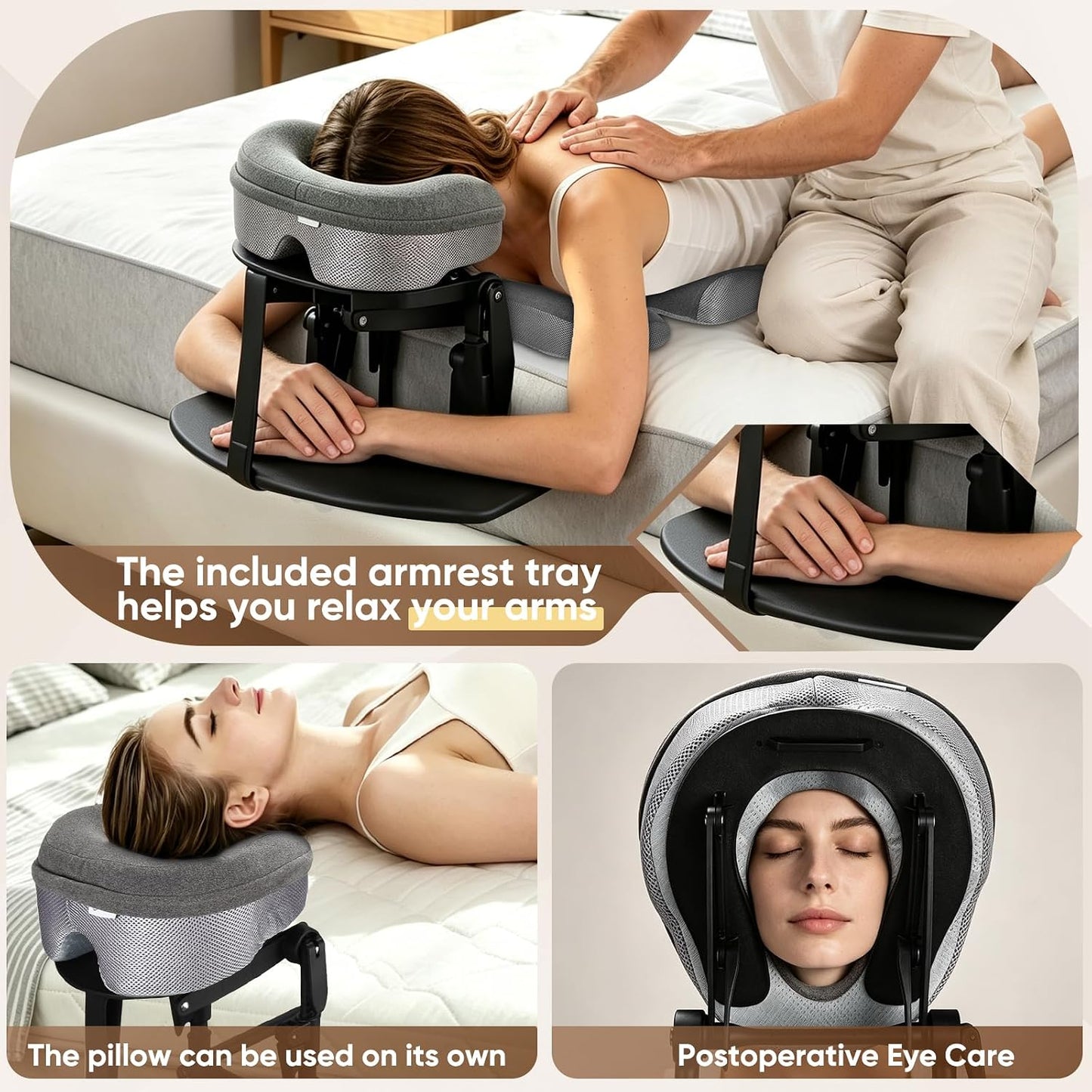 HVDI Massage Headrest for Bed, Height-Adjustable Bed Massage Head Holder, Home Massage Kit, Face Down Pillow After Eye Surgery, Includes Headrest, Chest Cushion, and Armrest Pads