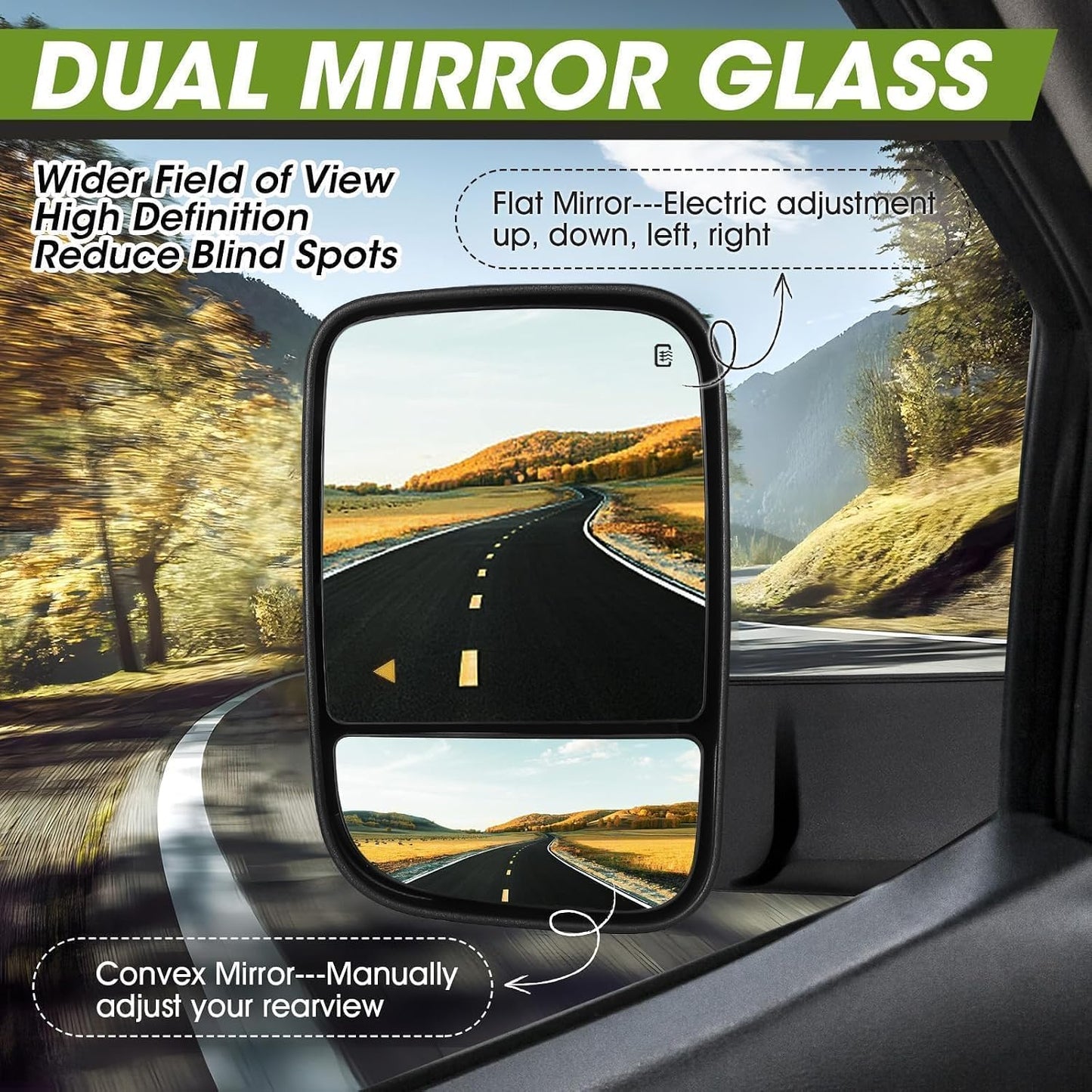 Driver Side Tow Mirror for 2019-2022 Ram 2500 3500 | Left, Turn Signal & Running & Puddle Lights, Power Heated & BSM & Temp Sensor, Manual Fold Flip-Up