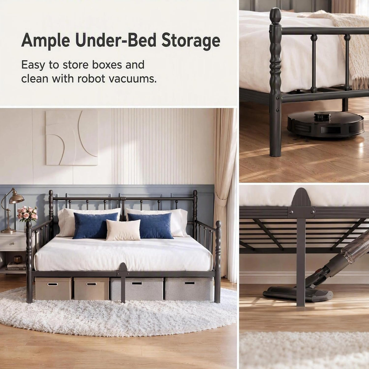 12 Inch Black Modern Twin Daybed Frame with Heavy Duty Metal Slats
