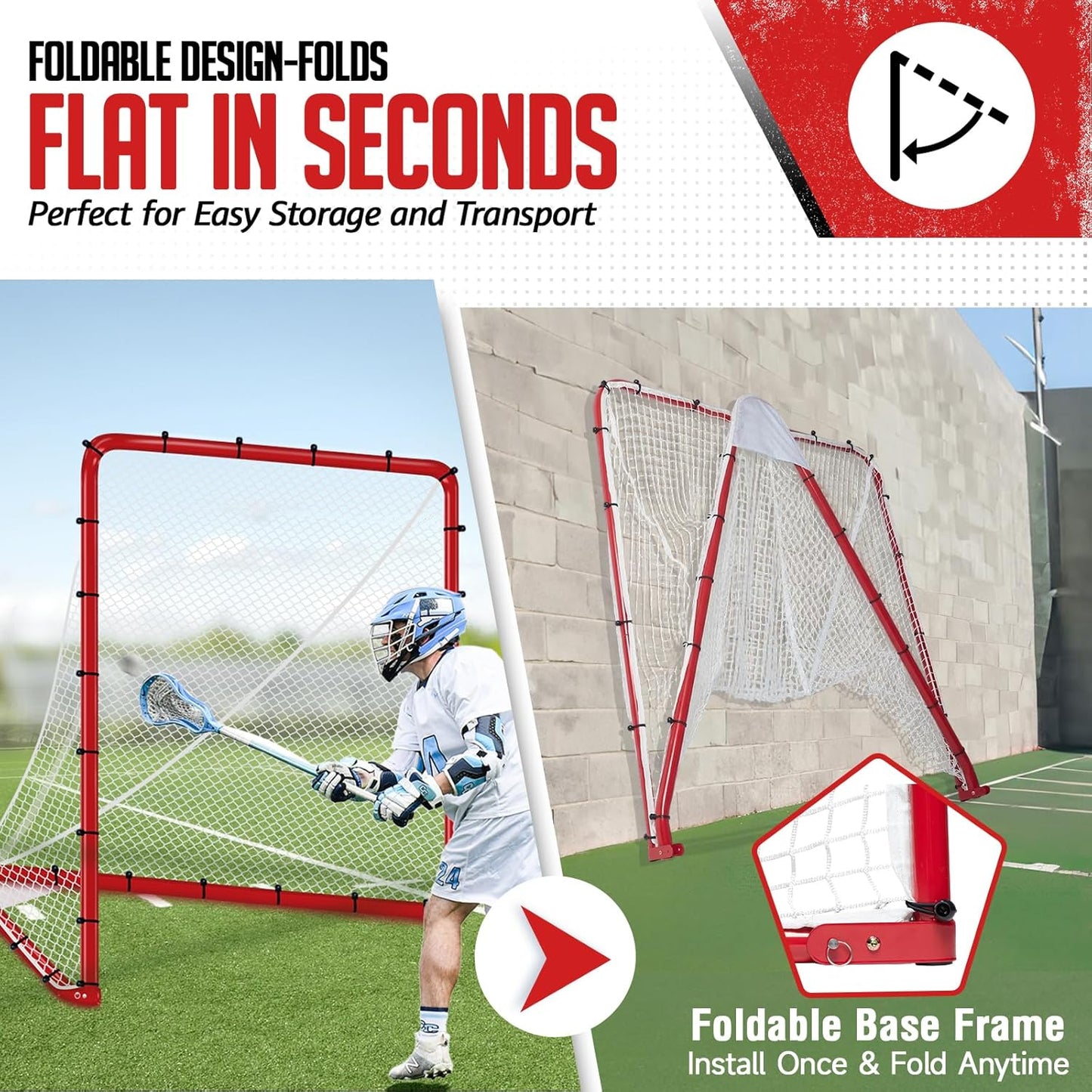 Lacrosse Goal 6x6x7Ft, Foldable Lacrosse Training Net with 9-Zone Target for Accuracy Practice, Heavy-Duty Steel Frame & Tear-Resistant Netting, Backyard Shooting Practice for Teens & Adults
