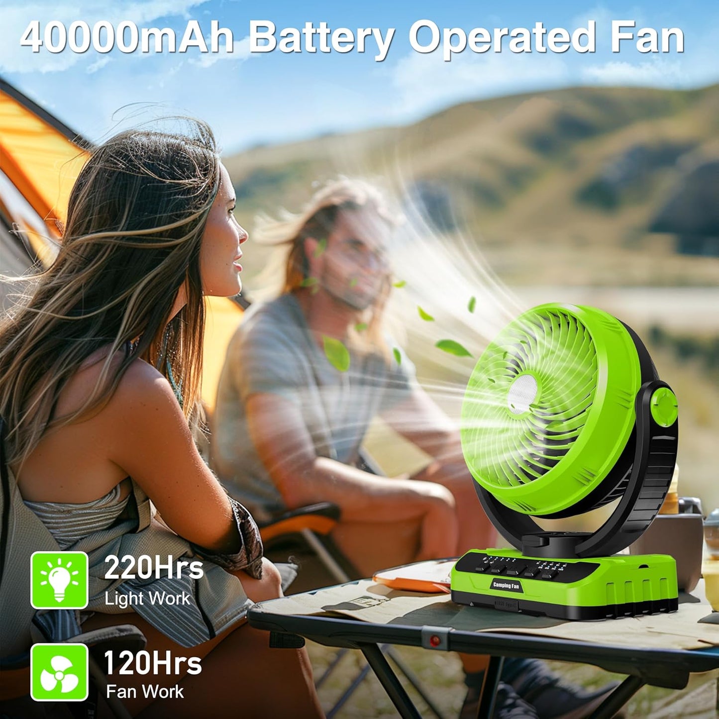 Camping Fan with LED Lantern, 40000mAh Rechargeable Battery Operated Outdoor Tent Fan with Light & Hanging Hook, 5 Speeds, Personal USB Desk Fan for