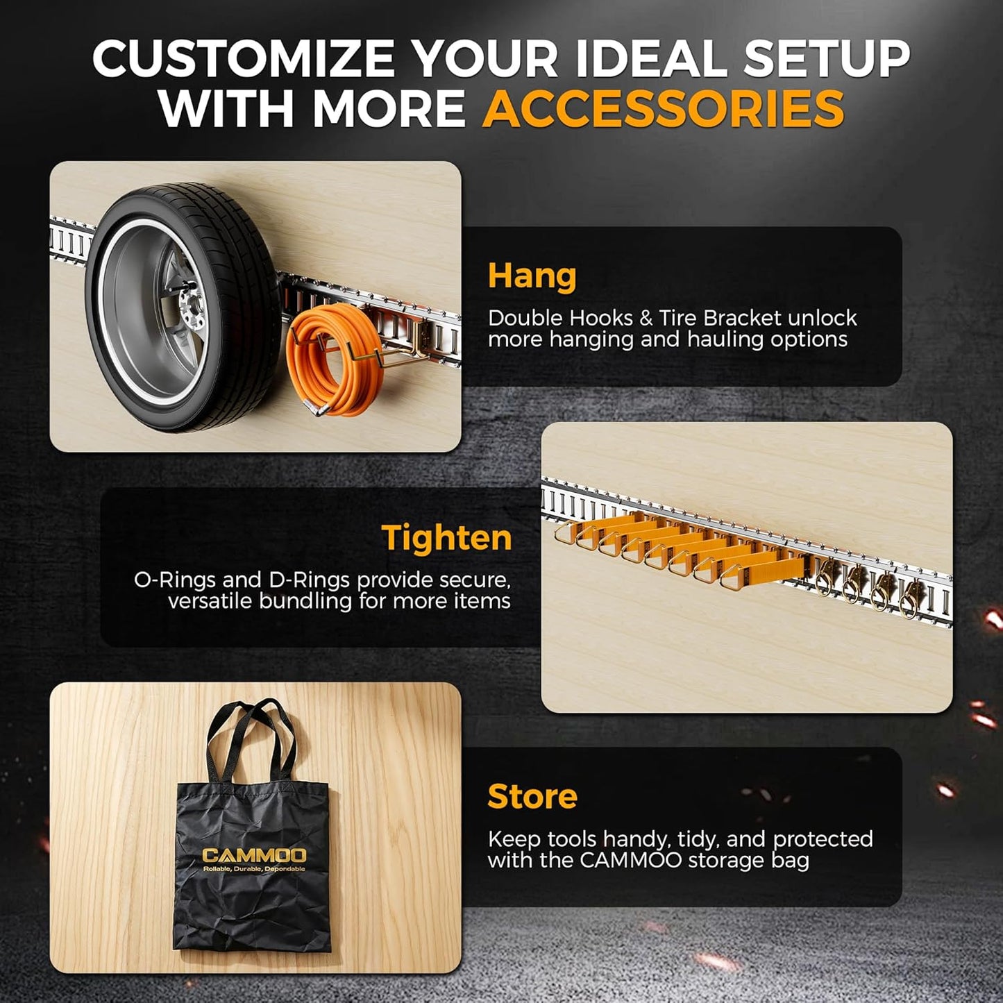 CAMMOO 5FT E-Track Rail Kit, Includes 8 Rails, 2 Double Hooks & 1 Tire Bracket, 8 O-Rings, 8 D-Rings with Tie Down, 1 Storage Bag, 2200lbs Load Capacity for Trailers, Trucks, Vans, Garage, Silver