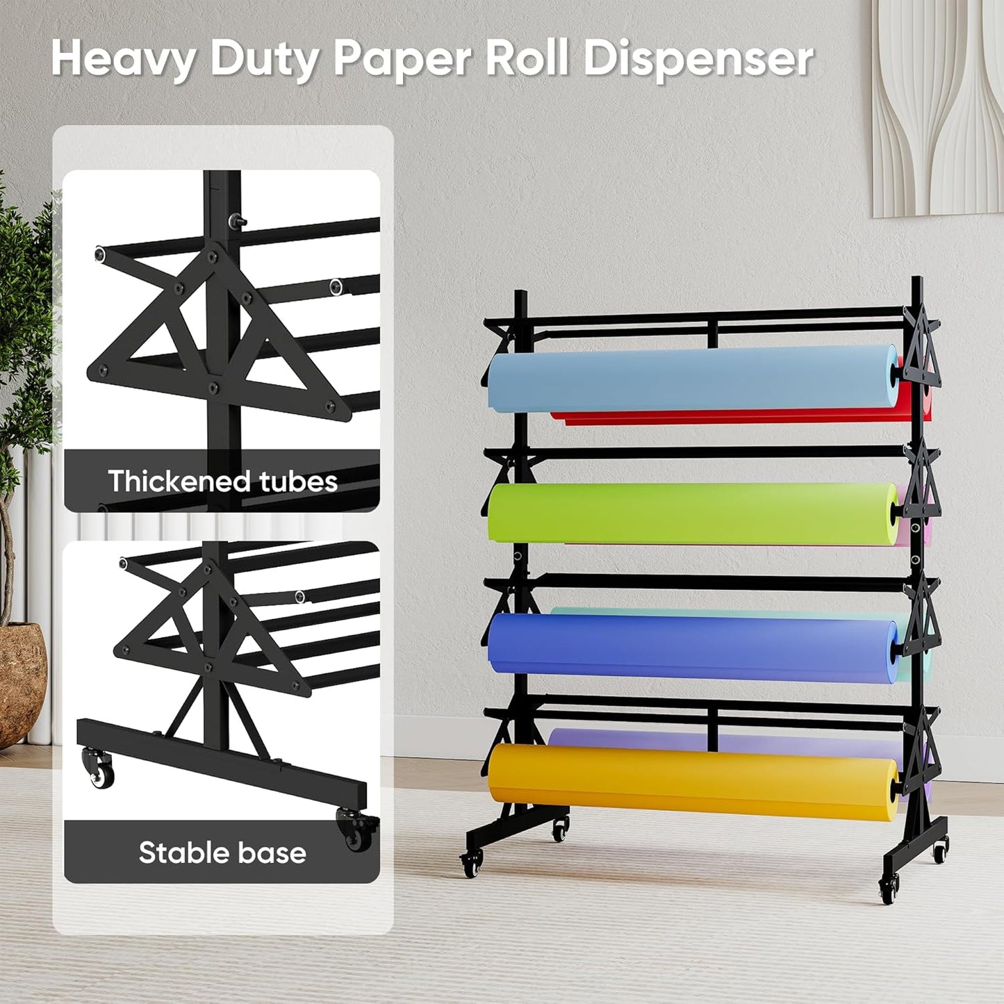 Large Paper Roll Holder Heavy Duty Paper Roll Dispenser and Cutter Holds Eight 36" Wide x 9" in Diameter Rolls Mobile Rolling Organizer for Kraft Butcher Craft Wrap Paper Roll Cutter