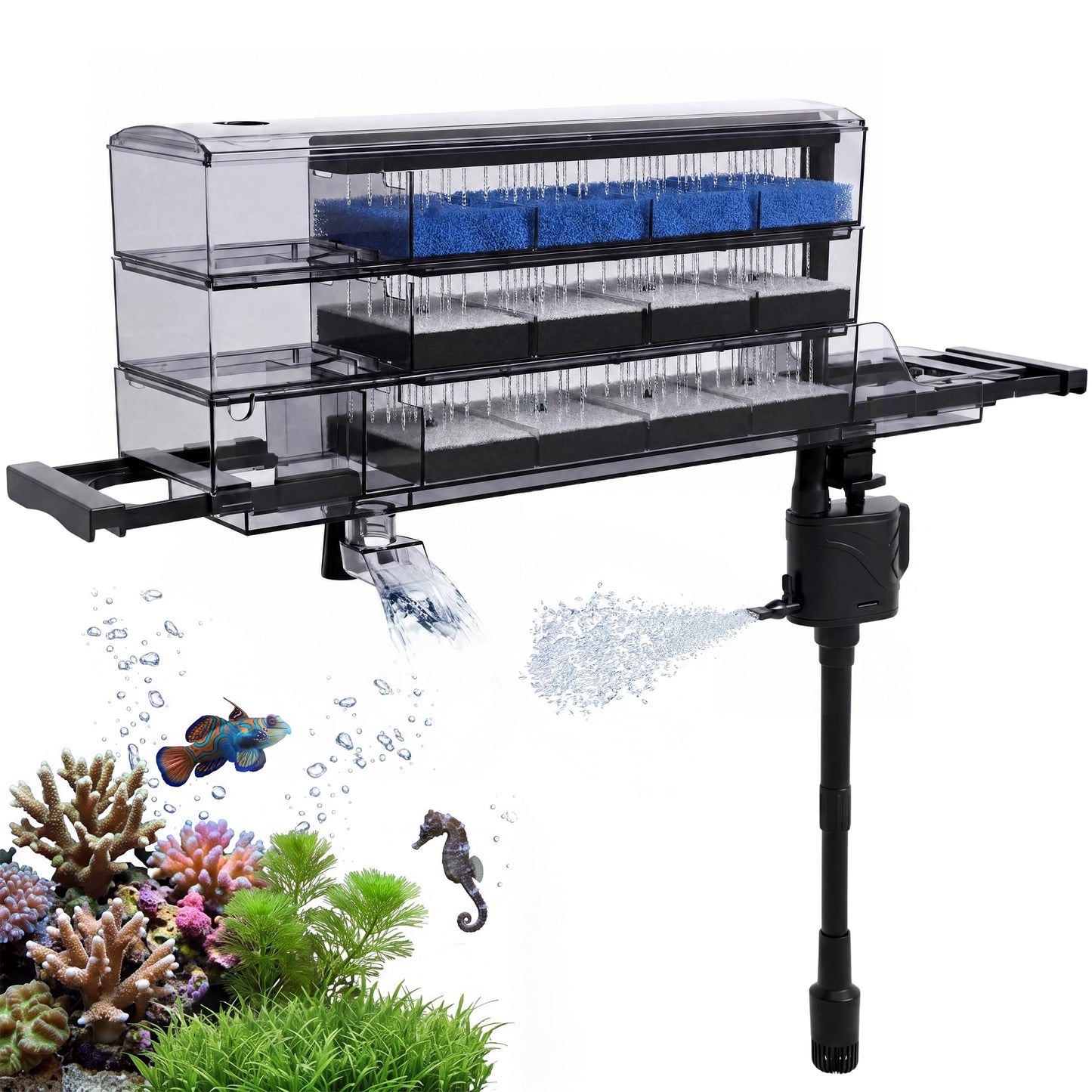 3-Tier Wet-Dry Trickle Aquarium Filter, Smoke Clear Filter Box, 476 GPH 3-in-1 Water Pump, Ultra Quiet, Adjustable Bracket, Easy Maintenance, For 20-80 Gallon Freshwater Saltwater Turtle Tanks
