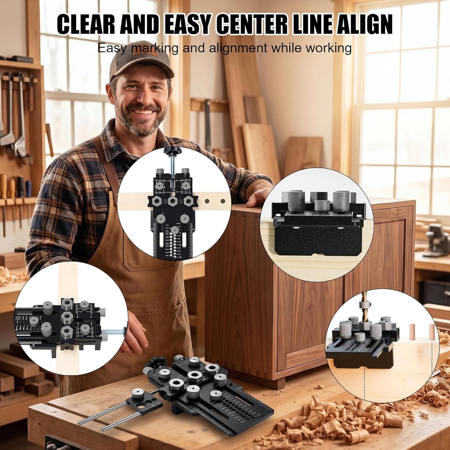 Dowel Jig Kit with Quick Positive Stop and Clamp, Precision Adjustable Doweling Jig for Drill 1/4, 3/8 and 1/2 Inch Accurate Straight Dowel Holes, fit Any Thickness Wood Joints, for Furniture, Cabinet Black
