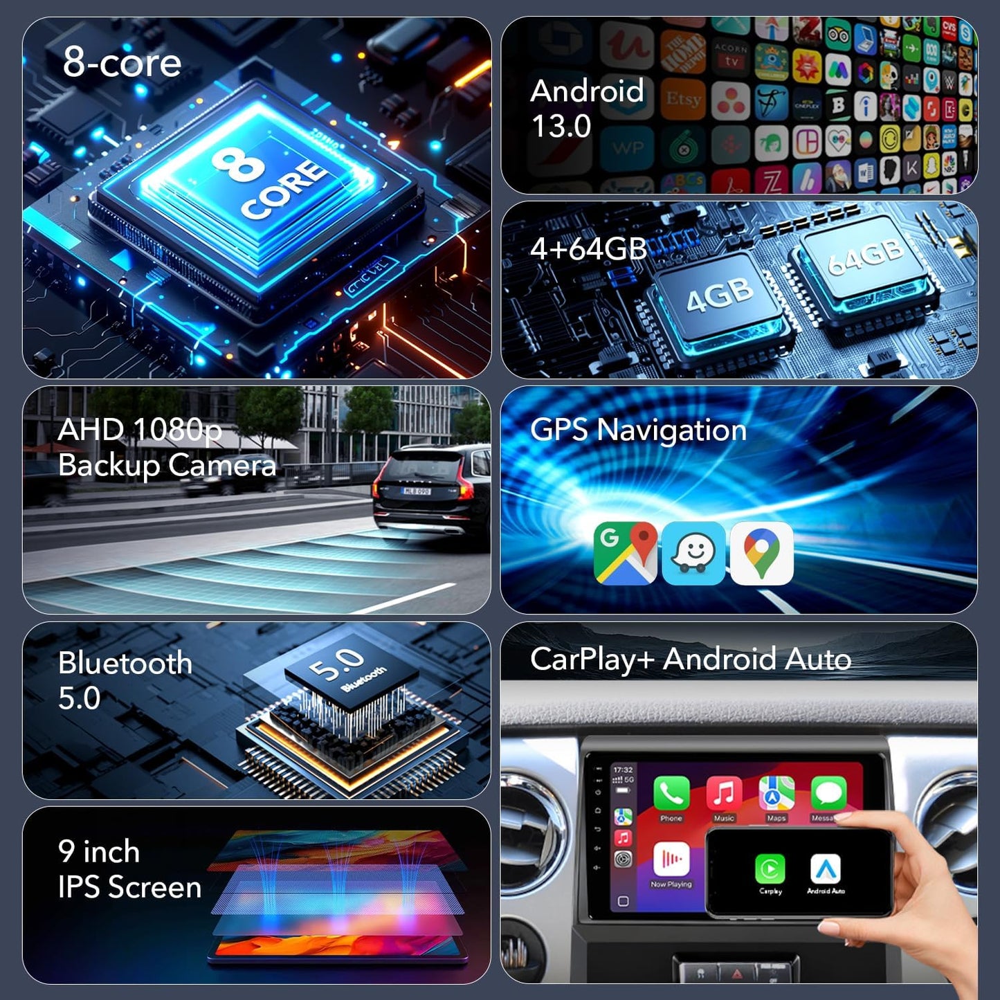 8 Core 4+64GB Car Radio Stereo Upgrade for Ford F150 2009 2010 2011 2012, Plug and Play 9'' Android 13 Head Unit with Wireless Carplay/Android Auto/1080P Backup Camera/AM FM Radio 9'' QLED TOUCHSCREEN