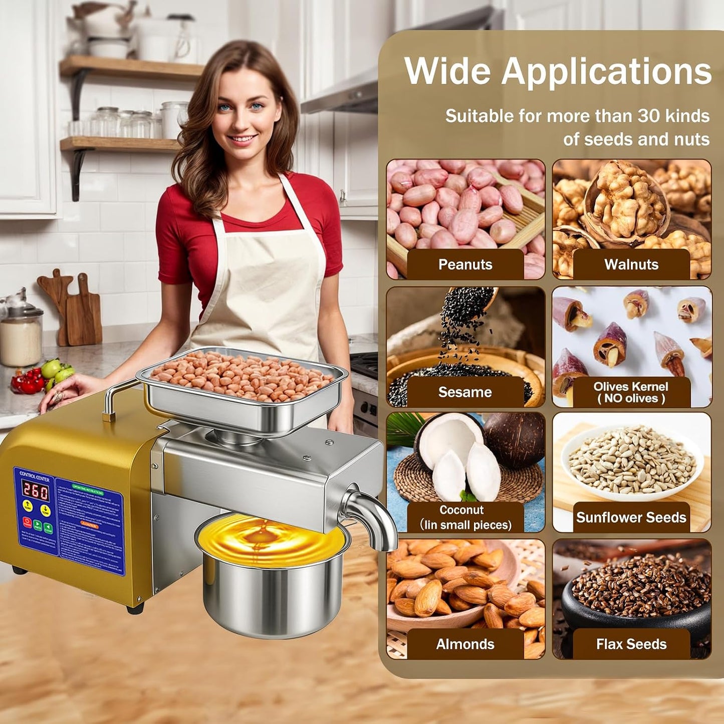 1800W Automatic Seed Oil Press Machine, Hot and Cold Extraction | Stainless steel, 11-20 lb/h output, 104-572°F control for home and commercial use with peanuts, sesame, soybeans and walnuts