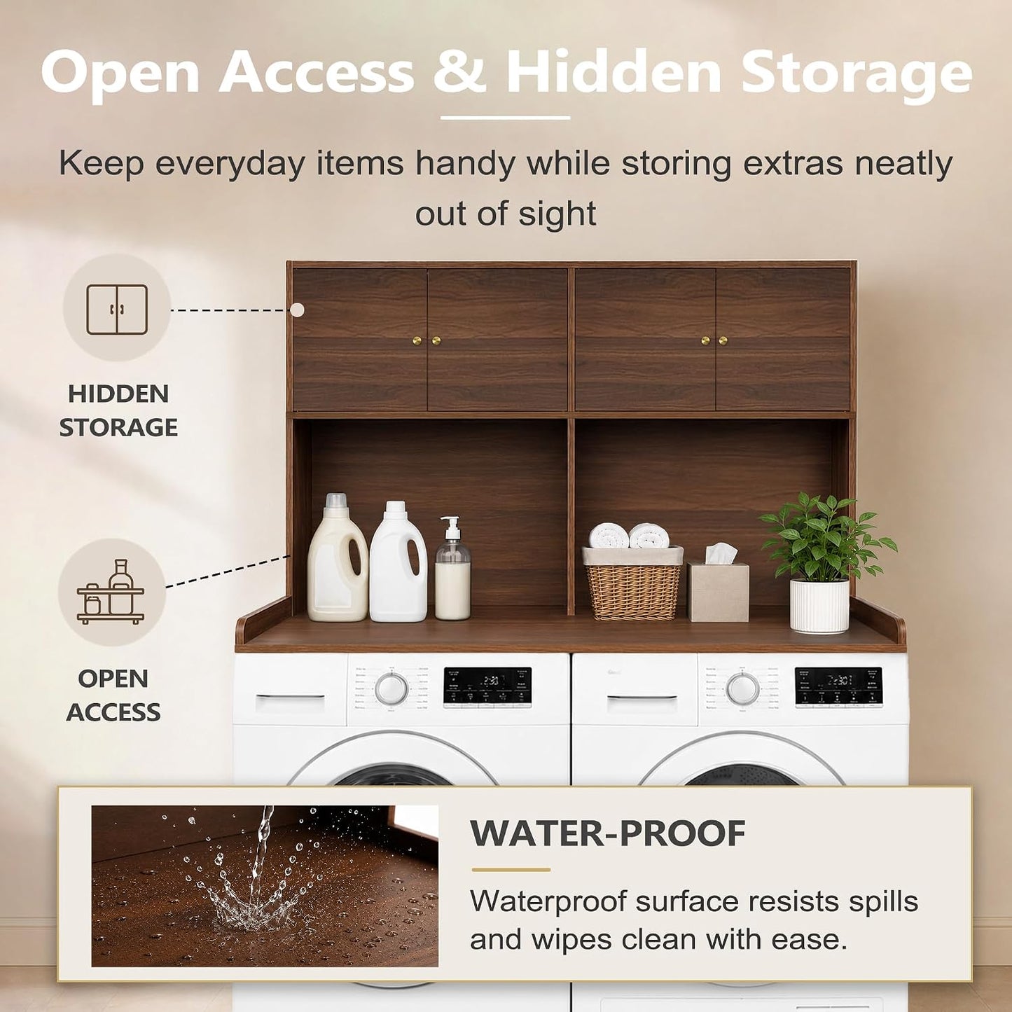 Washer Dryer Countertop with Cabinets, Laundry Countertop with Shelf, Washer and Dryer Topper with Edge, Over Washer and Dryer Shelves for Laundry Room Storage Organization, Universal Fit Walnut Dual