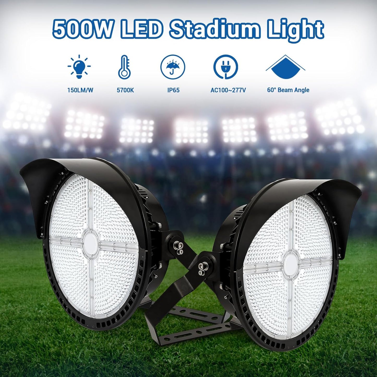 500W LED Stadium Lights, Super Bright Commercial Lighting 100-277Volt 72000Lum (2000W Metal Halide Eqv.), UL-Listed IP65 Waterproof 10KV Surge Dim