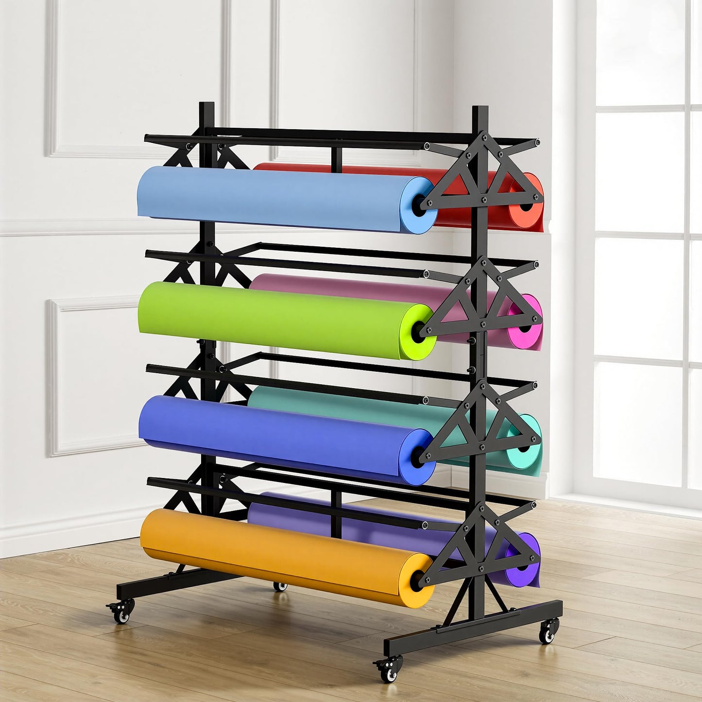 Large Paper Roll Holder Heavy Duty Paper Roll Dispenser and Cutter Holds Eight 36" Wide x 9" in Diameter Rolls Mobile Rolling Organizer for Kraft Butcher Craft Wrap Paper Roll Cutter