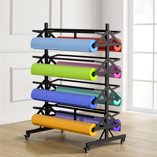 Large Paper Roll Holder Heavy Duty Paper Roll Dispenser and Cutter Holds Eight 36" Wide x 9" in Diameter Rolls Mobile Rolling Organizer for Kraft Butcher Craft Wrap Paper Roll Cutter