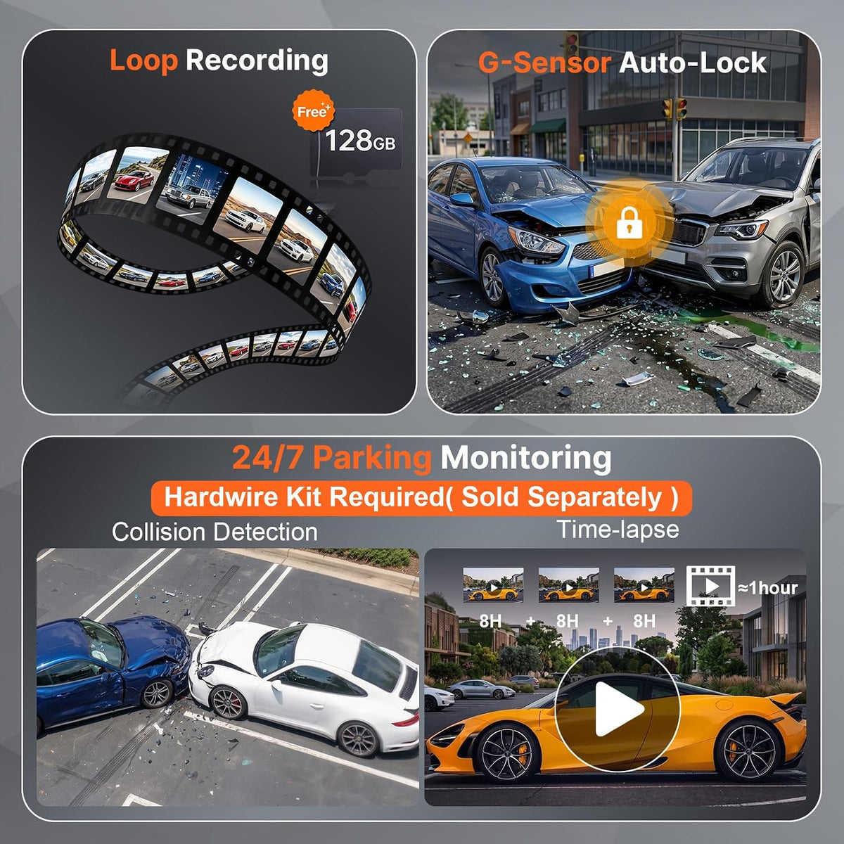 4CH 360 Mirror Dash Cam Front Rear WiFi GPS 128GB SD