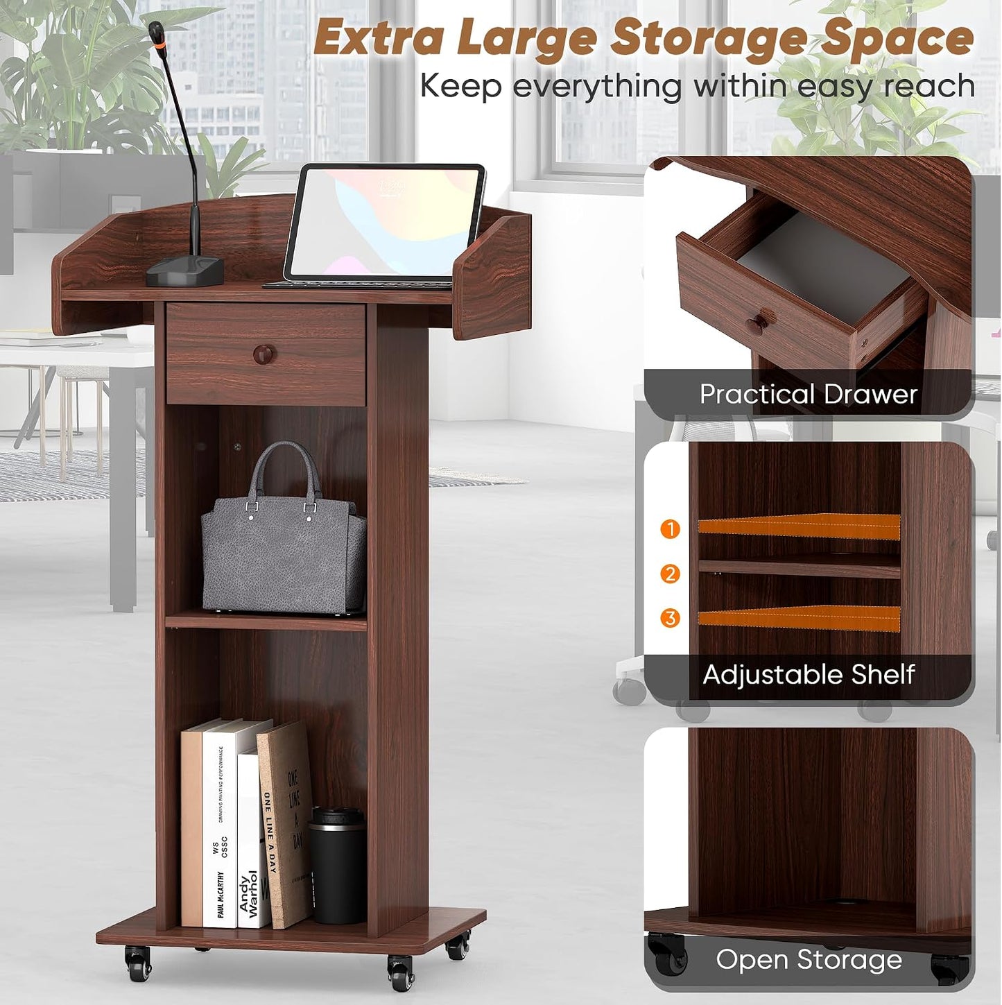 Portable Podium Stand with Metal Wheels, Rolling Podium with Drawer and Adjustable Shelf, Mobile Pulpit for Church, Wooden Lectern for Classroom Office Restaurant Conference (Brown)