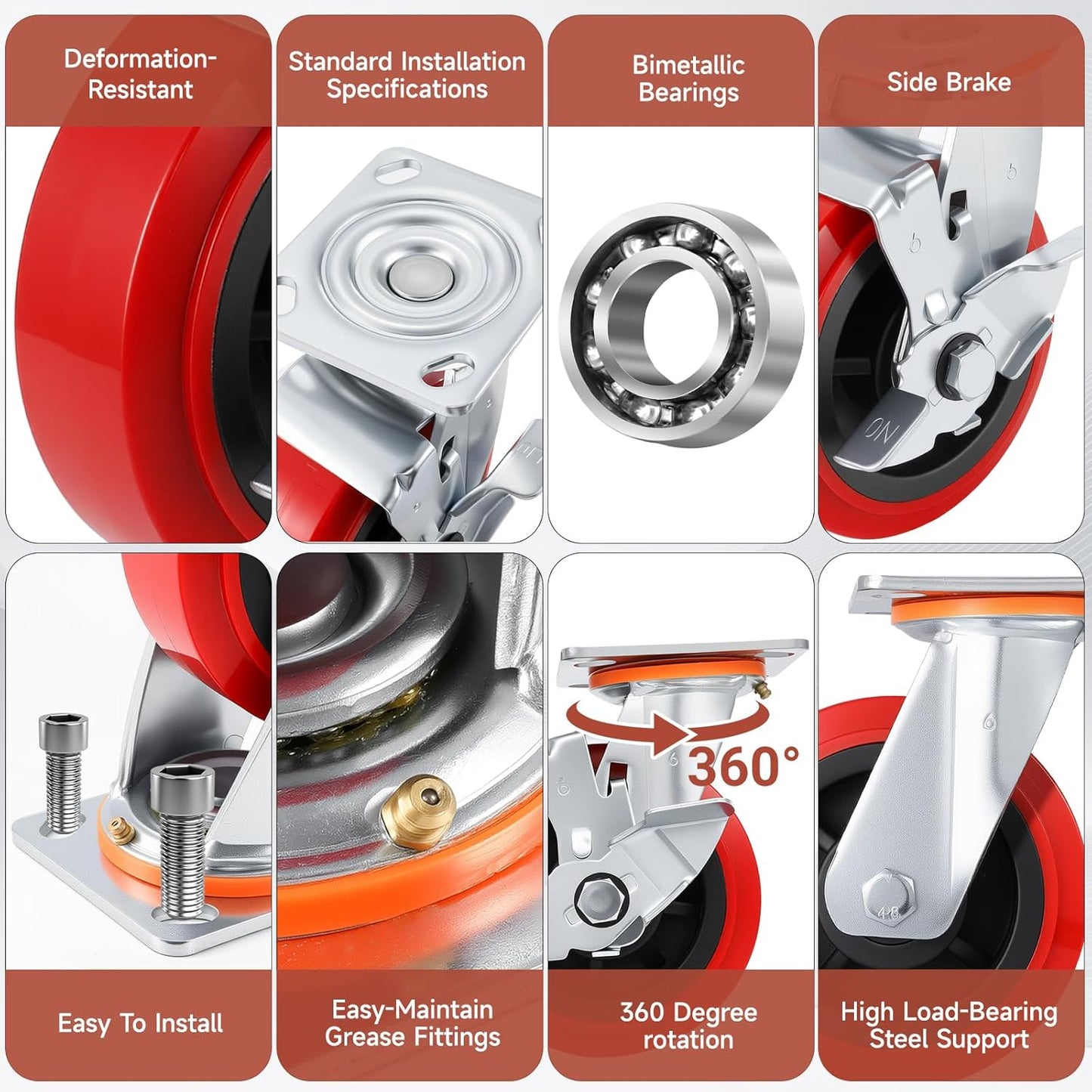 Caster Wheels,Industrial Heavy Duty Caster Set of 4,Polyurethane Surface TPE Casters,Load 5000Lbs Swivel Brake Plate Casters,for Industrial Equipment (2Side Brake & 2 Swivel, 6 inch) 2Side Brake & 2 Swivel 6 inch