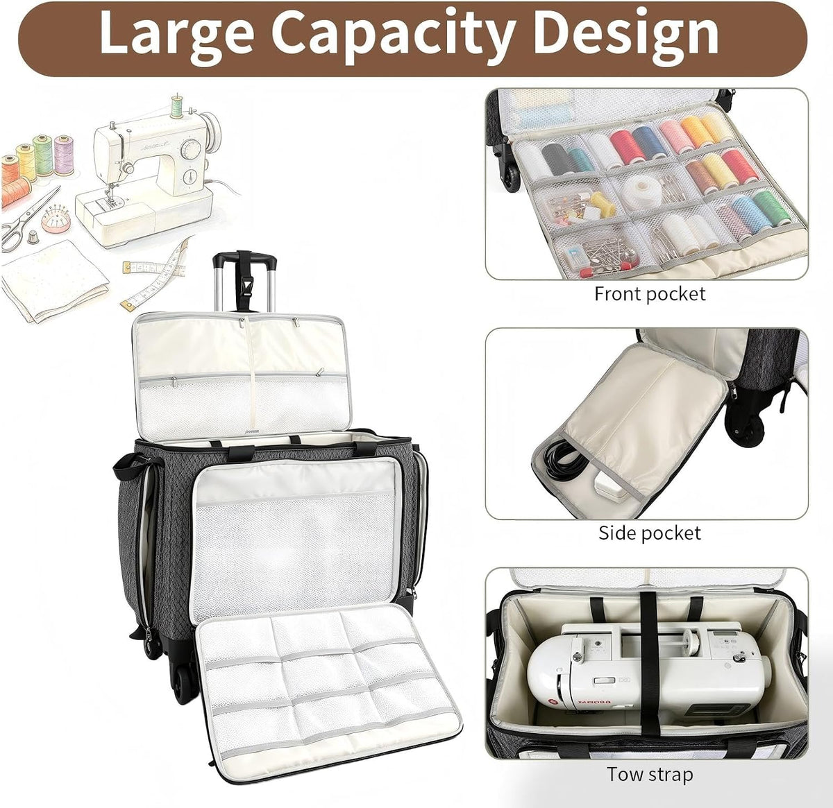Rolling Sewing Machine Bag Fits for 22"*12"*14" Sewing Machines,YKK zipper,Hard Bottom Pad,Brake Function (Black)