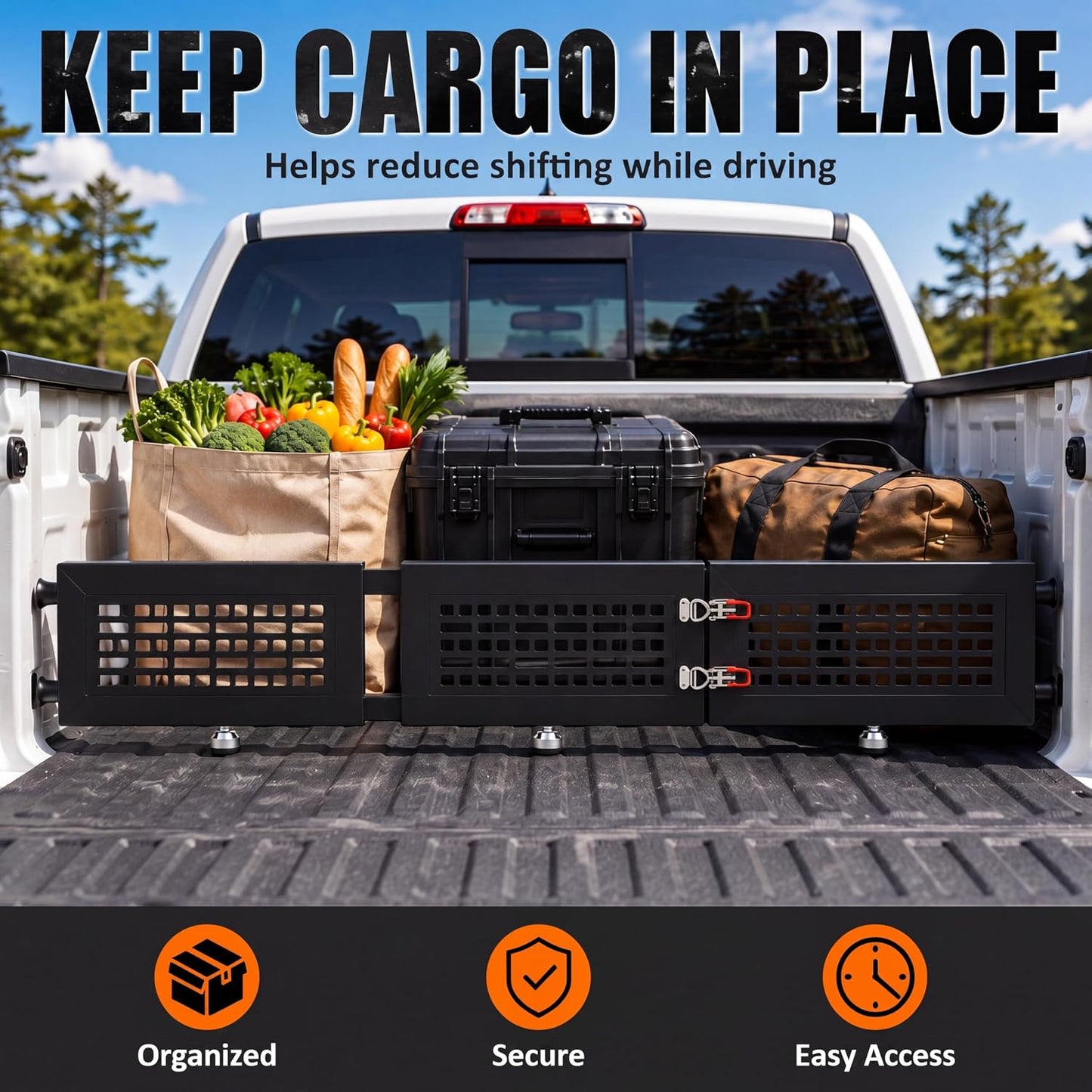 Woanger 54.7"-62.6" Adjustable Truck Bed Divider Fits Most Full Size Pickup Trucks, Foldable Carbon Steel Pickup Cargo Barrier, No Drill Truck Bed Organizer with Dense Mesh & Hook Loop Straps
