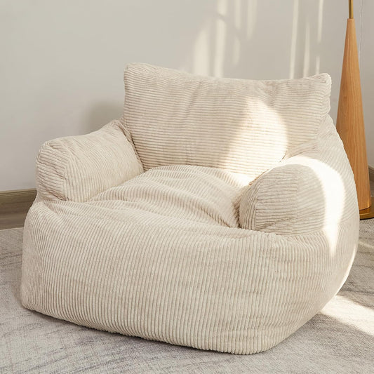 Giant Bean Bag Chair Sofa, Big Comfy Chair for Bedroom Living Room, Bean Bag Lazy Chair for Adults with Pocket Armrests for Gaming, Reading, Beige