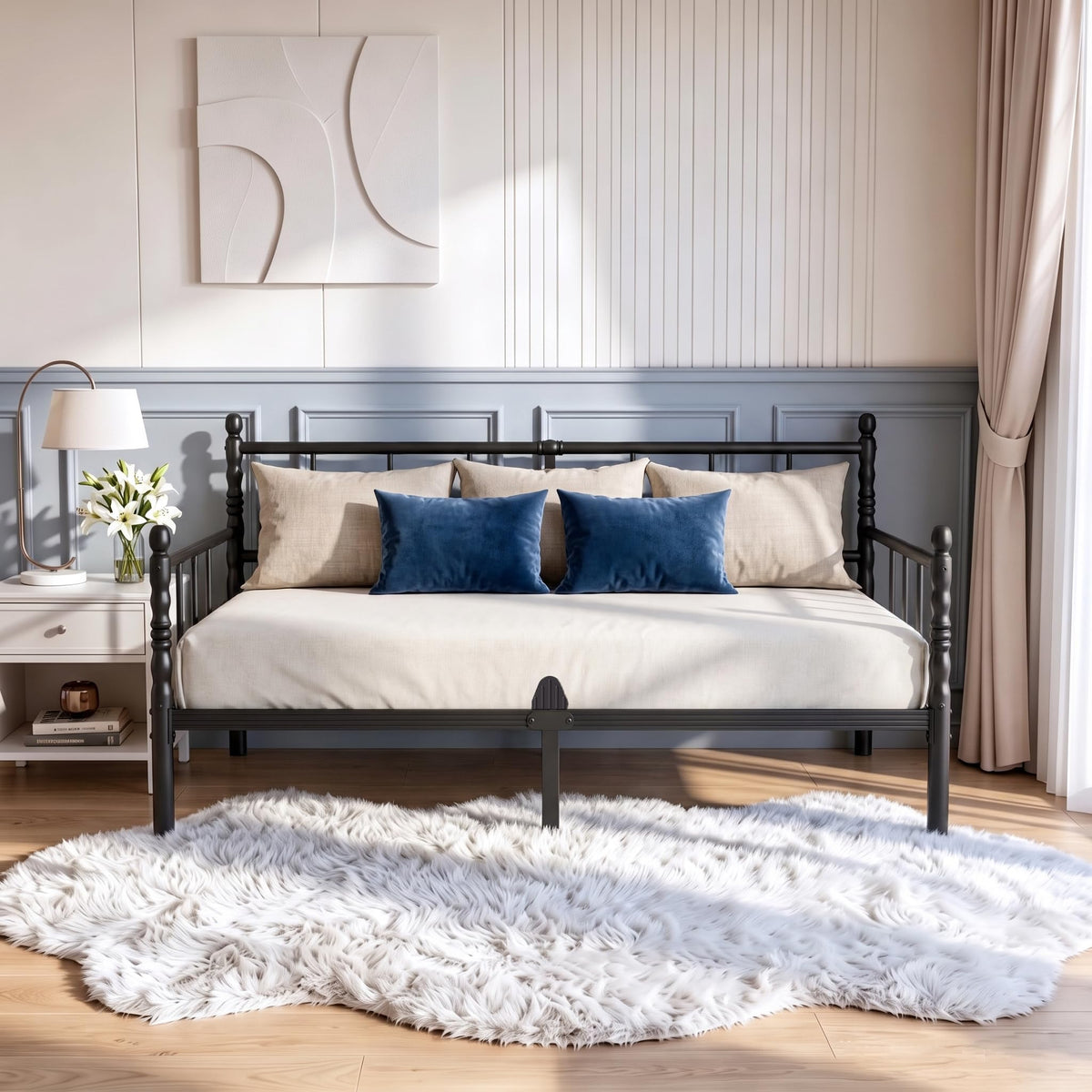 12 Inch Black Modern Twin Daybed Frame with Heavy Duty Metal Slats