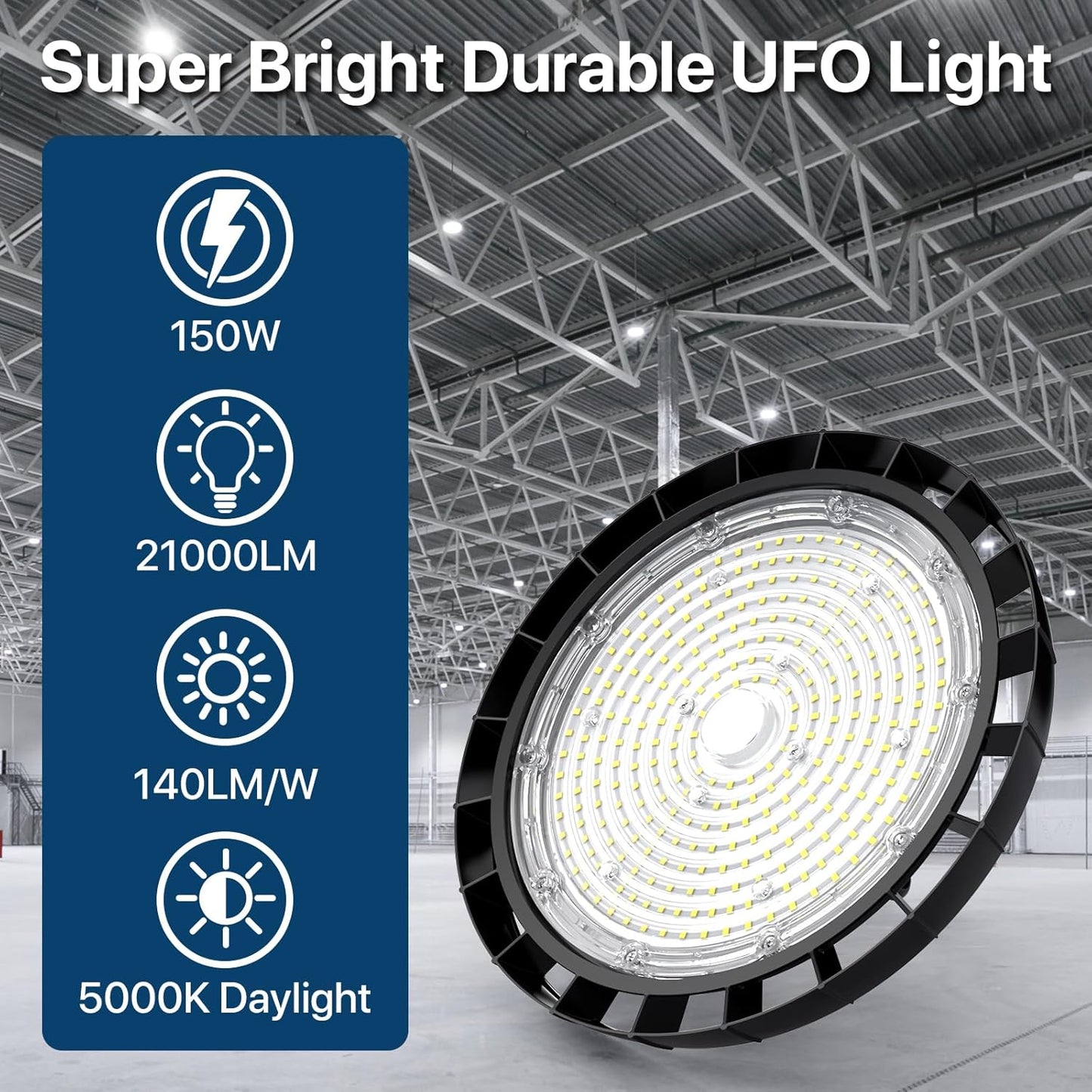 LED High Bay Lights: 150W 5000K Shop Lights 21000LM 6 Packs AC100-277V 5' Cable with Plug - UFO Light for Warehouse Showroom Factory Workshop 150 Watts 6