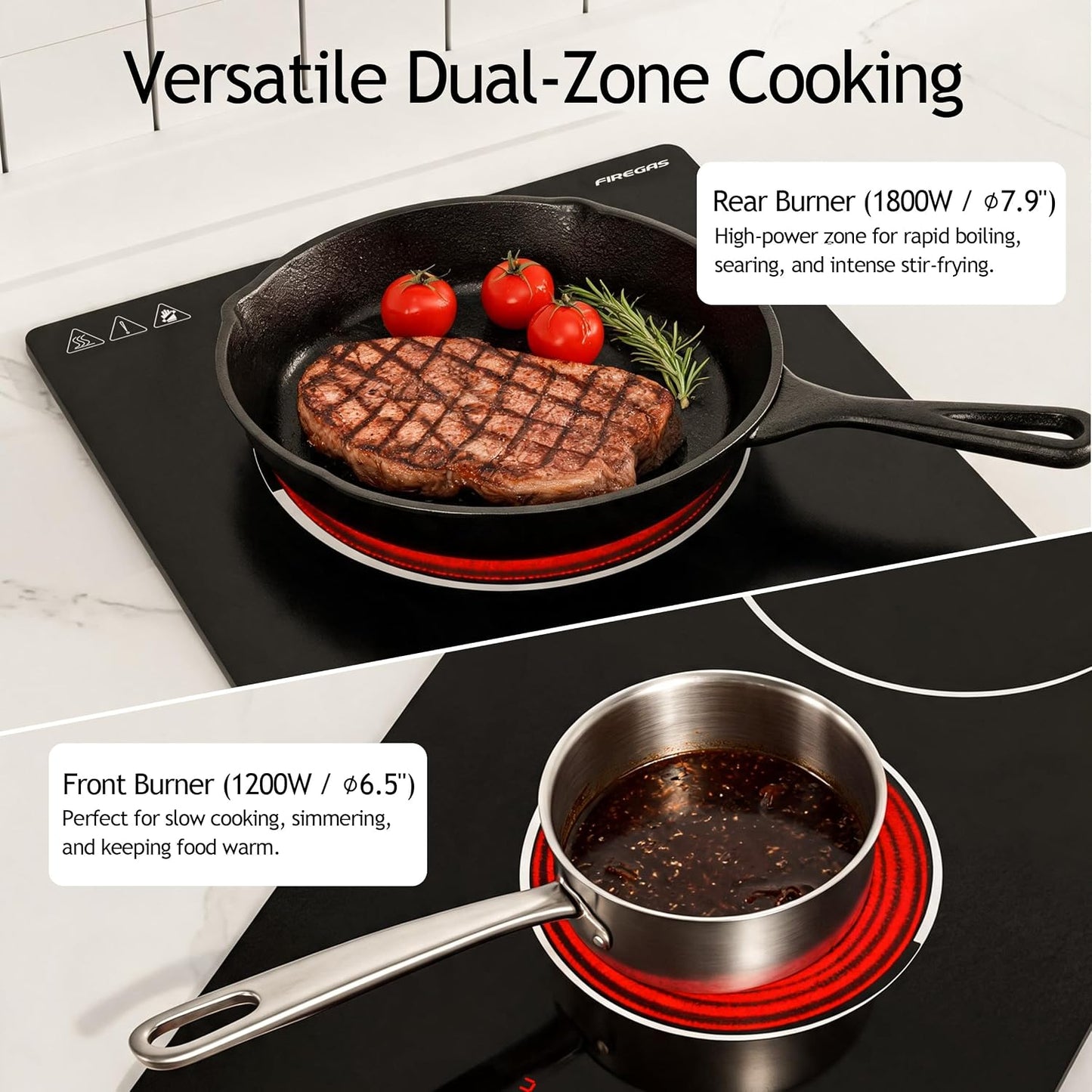 FIREGAS 12 Inch Electric Cooktop 2 Burners,220V-240V Hardwired Built-in Electric Stove Top with Matte Black Glass,3000W Sensor Touch Control,9 Power Levels,Timer & Child Lock for Apartments,ADUs