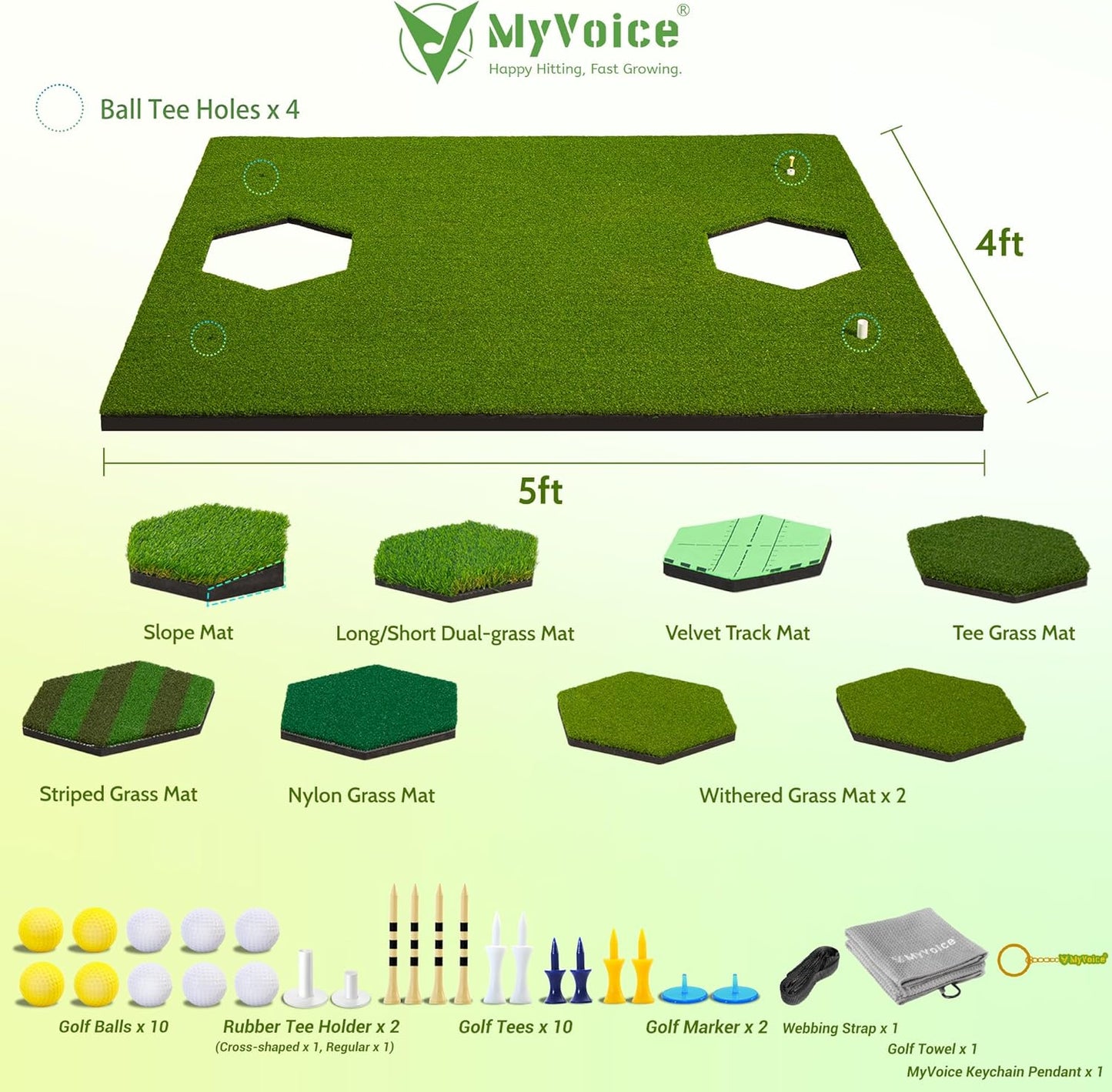 Golf Mat 8-in-1Versatile 5x4ft Golf Hitting Mat for Indoor/Outdoor Practice - 8 Insert Mats - Premium Turf with Enhanced Impact Resistance - Anti-Slip