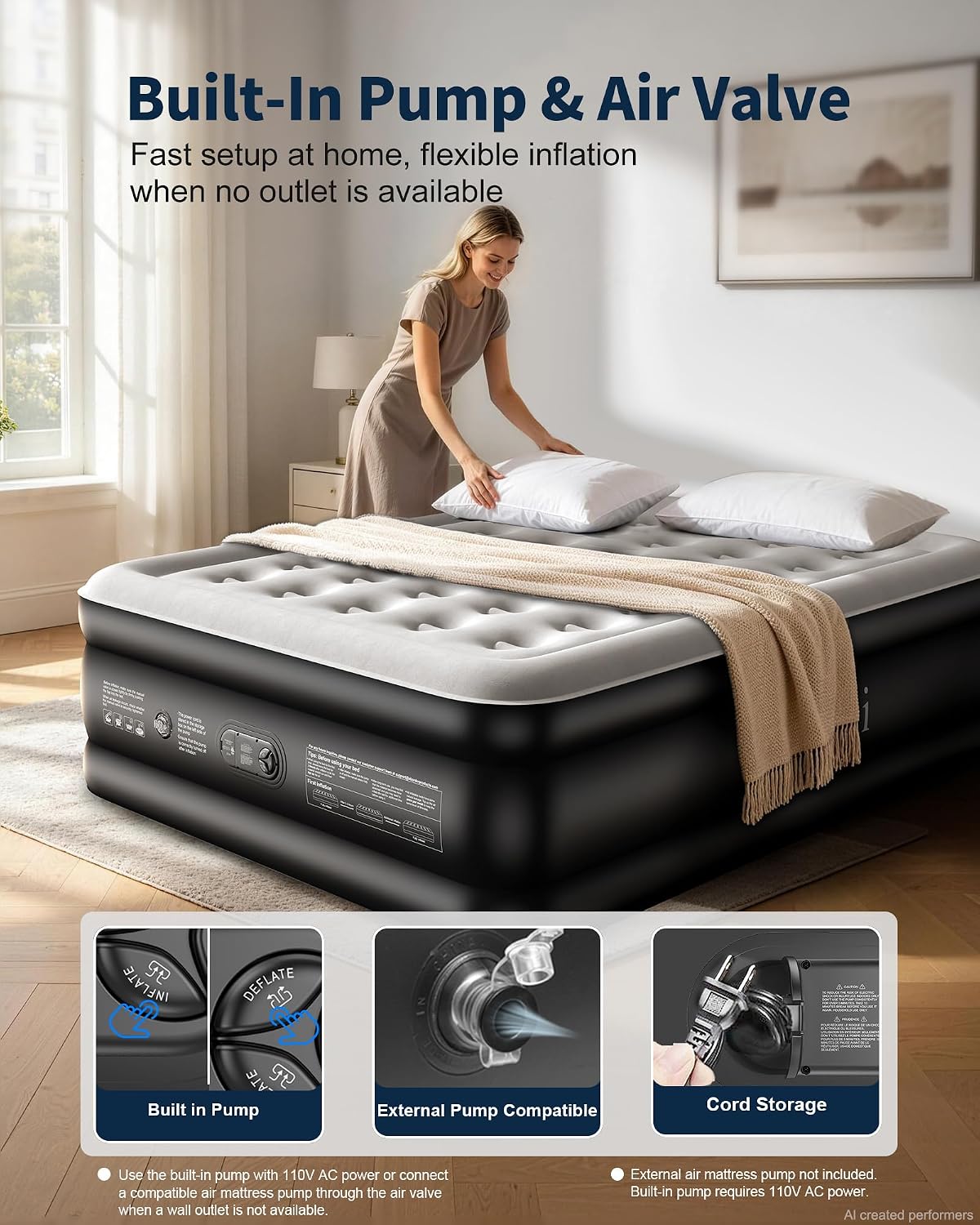 OhGeni 22" Raised Air Mattress Queen with Built in Pump, Inflatable Blow Up Mattress, Upgraded Surface Portable Bed for Home, Camping, Colchone Inflable, Ideal Sleep Solution for Guests, 650lbs