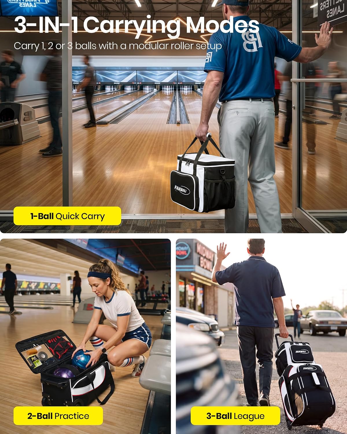 Fanwoli 3 Ball Bowling Bag, Modular Add-On Ball Bag, Black White