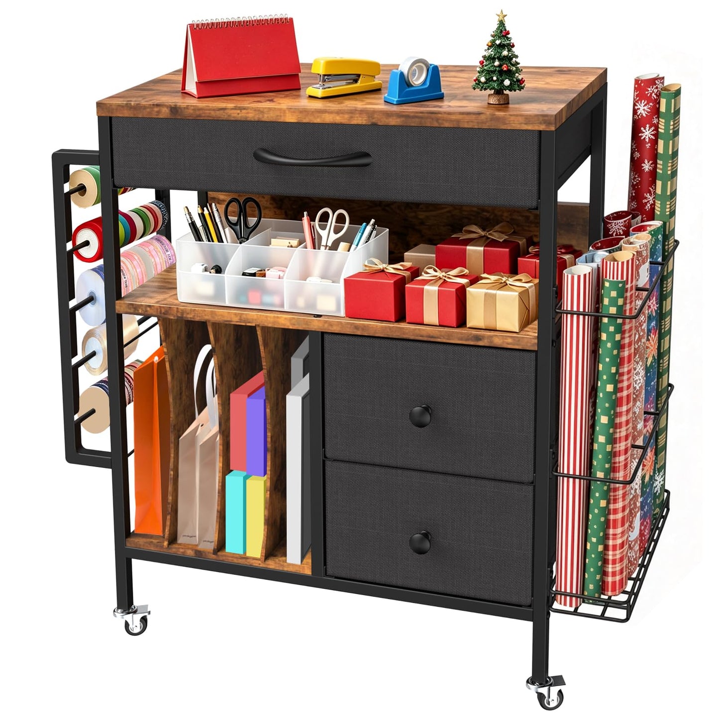 Wrapping Paper Storage Cart, Rolling Gift Wrap Station with 3 Drawers & Side Holders, Wrapping Paper Organizer Holder with Wheels for Gift Bags, Ribbons, Wrapping Supplies
