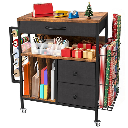 Wrapping Paper Storage Cart, Rolling Gift Wrap Station with 3 Drawers & Side Holders, Wrapping Paper Organizer Holder with Wheels for Gift Bags, Ribbons, Wrapping Supplies
