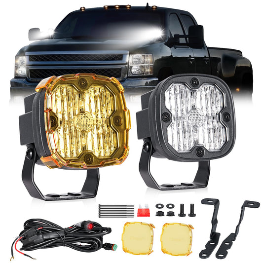 3 Inch LED Ditch Lights for 2007-2014 Silverado Tahoe Suburban Sierra Yukon, with A-Pillar Brackets Wiring Harness Combo Kits, 40W Spot Flood Offroad LED Lights Bar Pods White Yellow Lihgt, Pair B | 2007-2014 Silverado Sierra