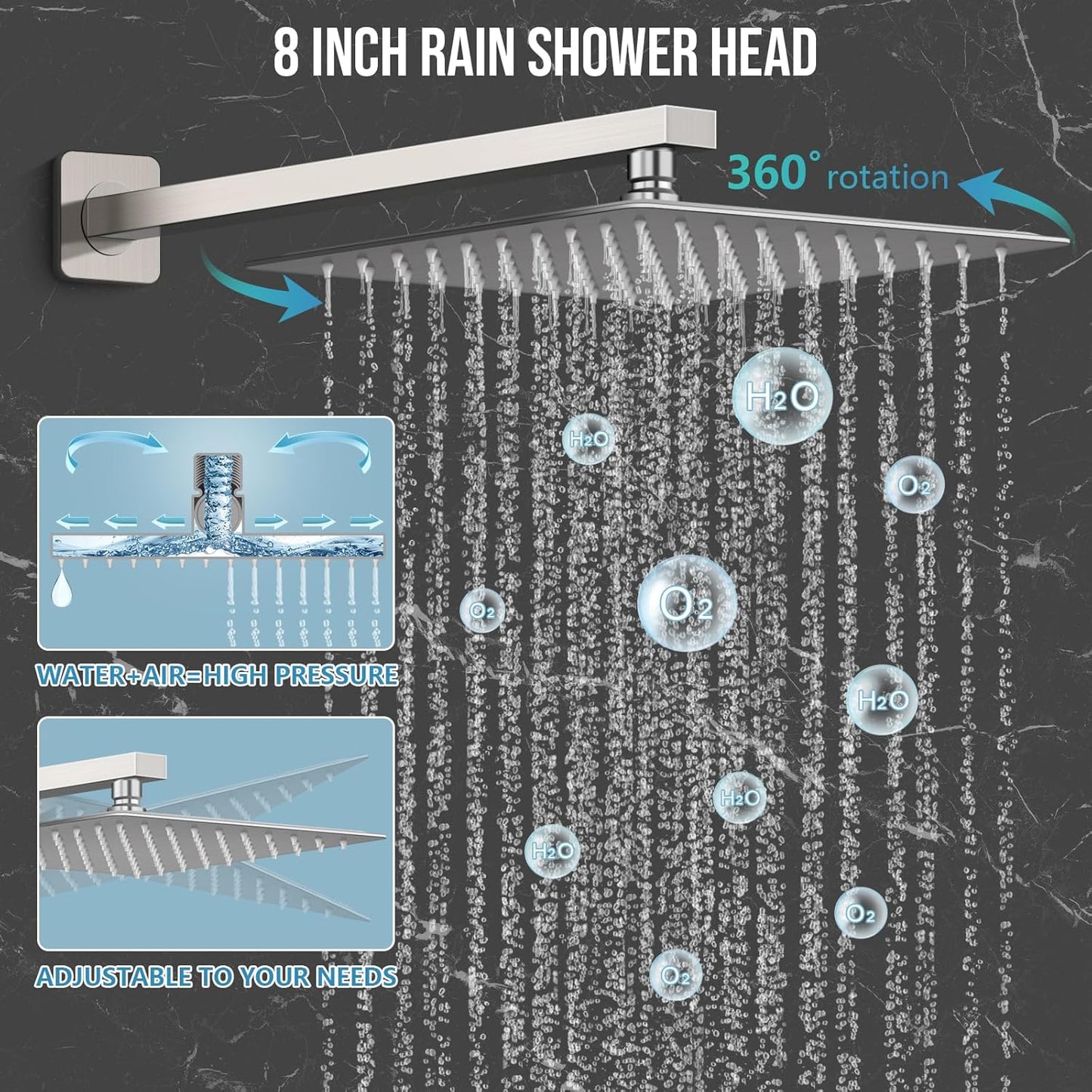 Baetuy 8 Inch Shower Faucet Set, Rainfall Shower System with High Pressure Handheld Shower Head and Square Fixed Shower Head,Spray Wall Mounted