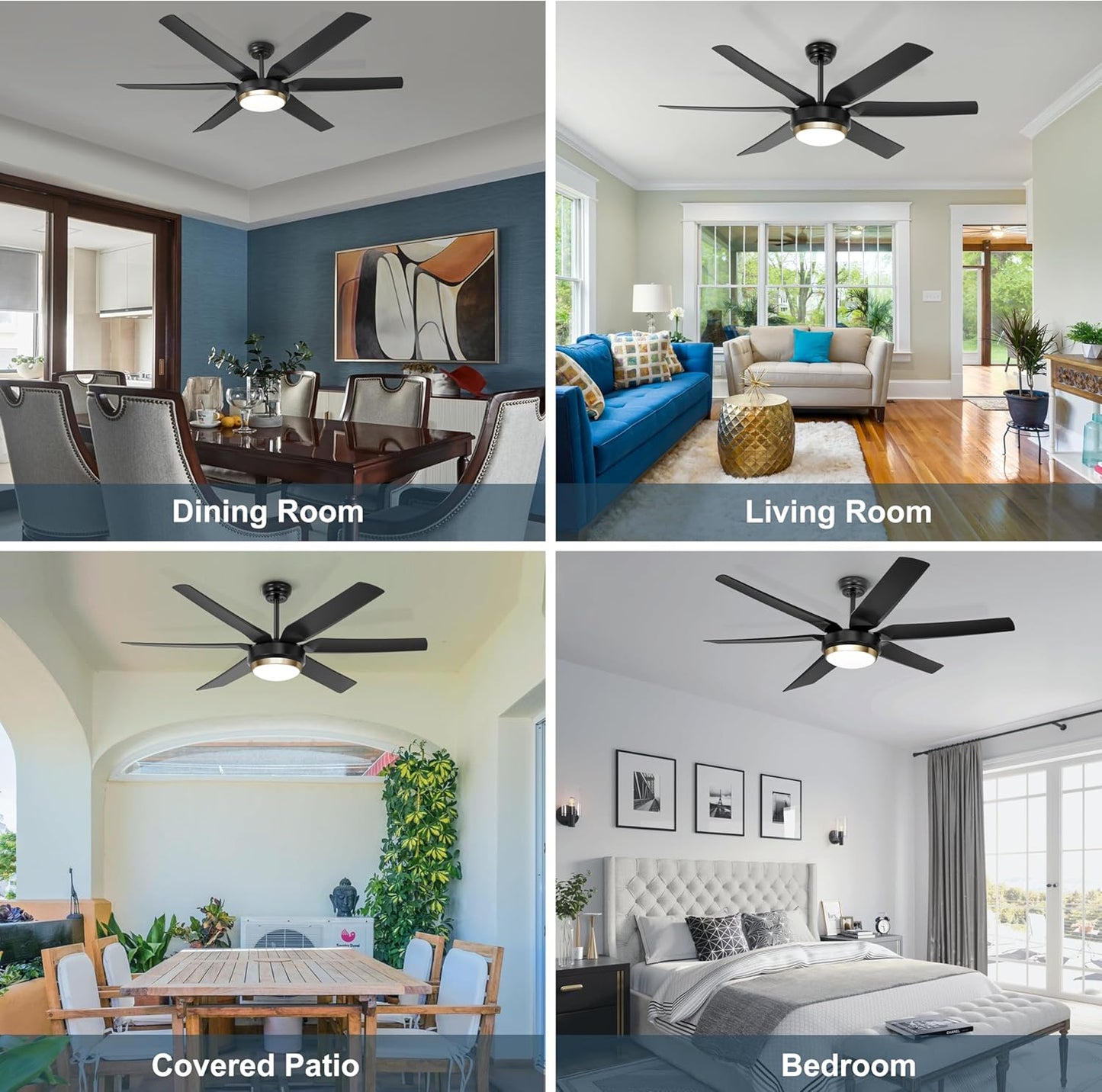 56 Inch Black, Quiet, Reversible Ceiling Fans with Dimmable 3-Color Lights and Remote