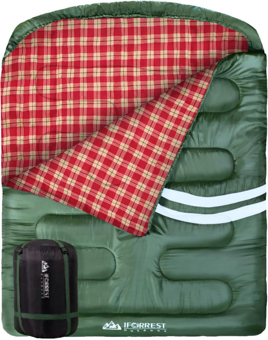 Cotton Flannel Double Sleeping Bag for Adults - 2 Person 10F Cold Weather Couples Camping Bed(All Seasons), Extra-Wide & Warm - Queen Sized XXL