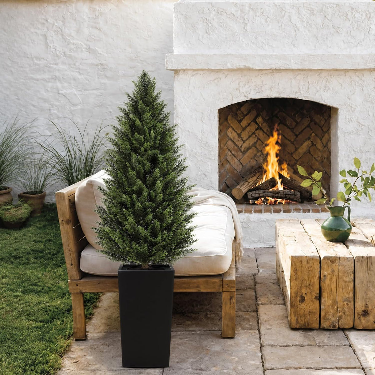4FT Artificial Cedar Topiary Trees 2 Pack, Realistic Faux Cypress Trees with Square Black Planter Pot, UV Resistant Outdoor Evergreen Plants for Front Porch Patio Garden Landscape Decor Black Square Planter 4ft