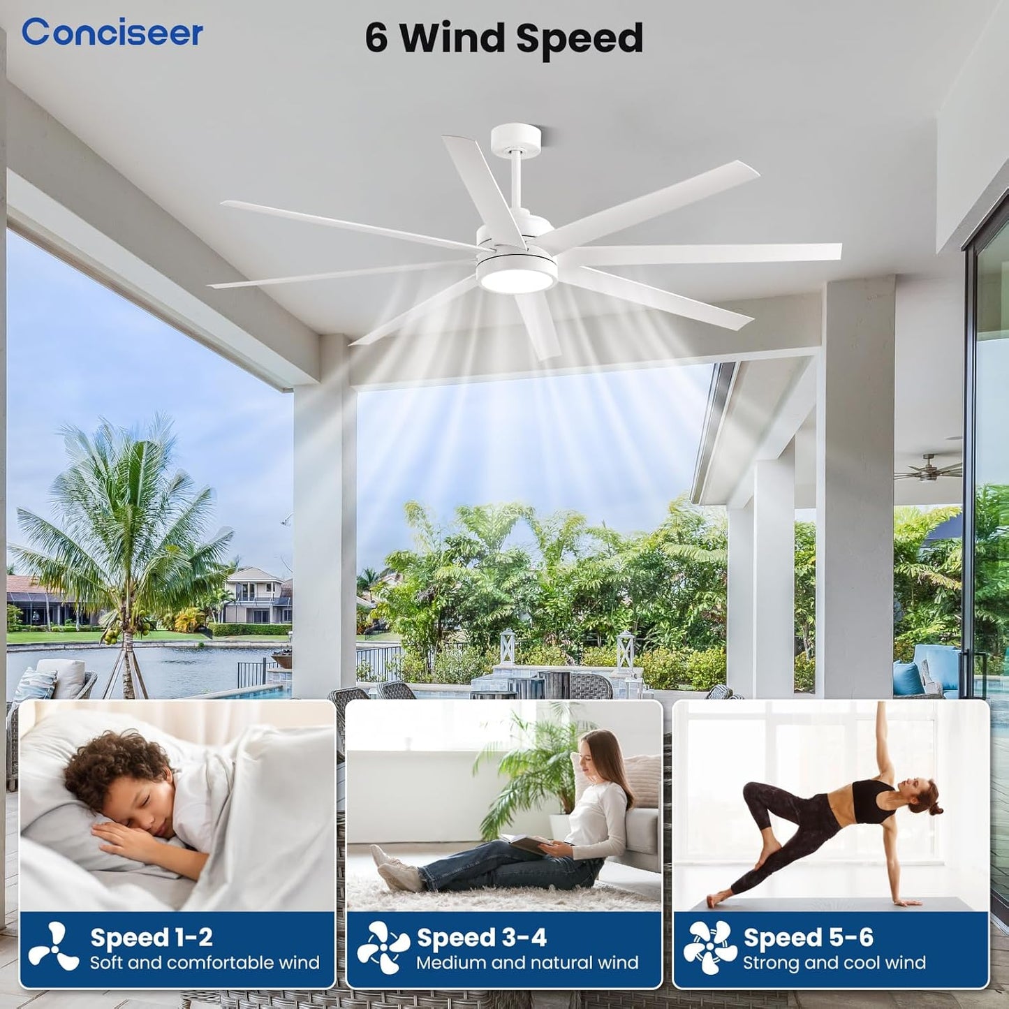 Conciseer Morden Ceiling Fans with Lights,72 Inch Ceiling Fans with Remote for Bedroom Living Room Kitchen, 8 Blades 6 Speed Reversible Quiet DC