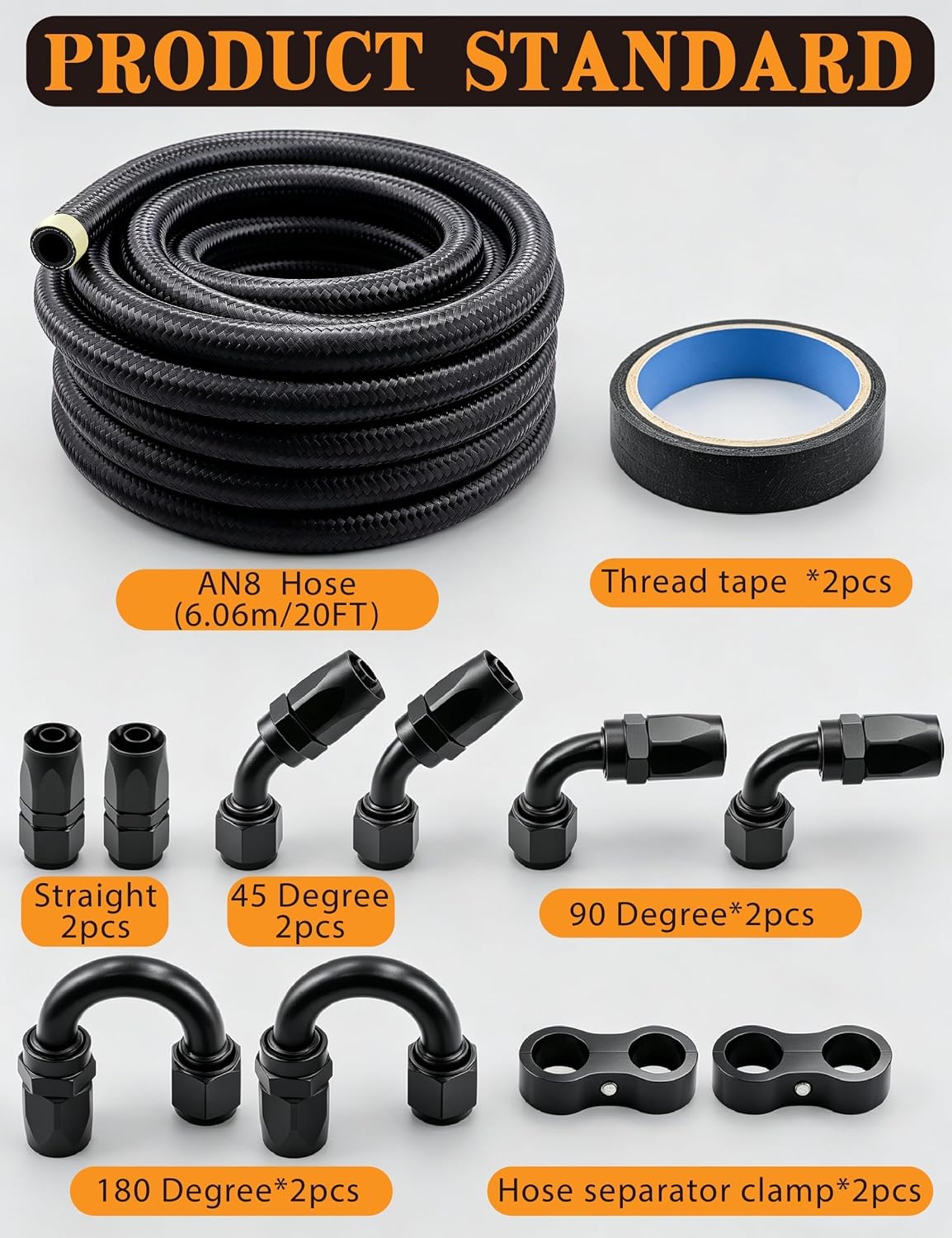 8AN Nylon Braided CPE Fuel Oil Hose, 20 ft 1/2-inch Fuel Line with Fittings Kit, Not for PTFE E85